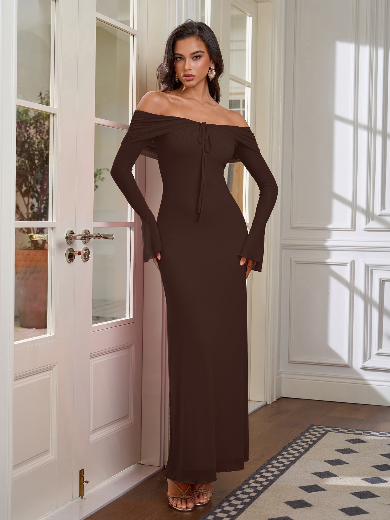 Off Shoulder Ruched Tie Front Flounce Sleeve Mesh Dress