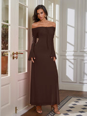 Off Shoulder Ruched Tie Front Flounce Sleeve Mesh Dress