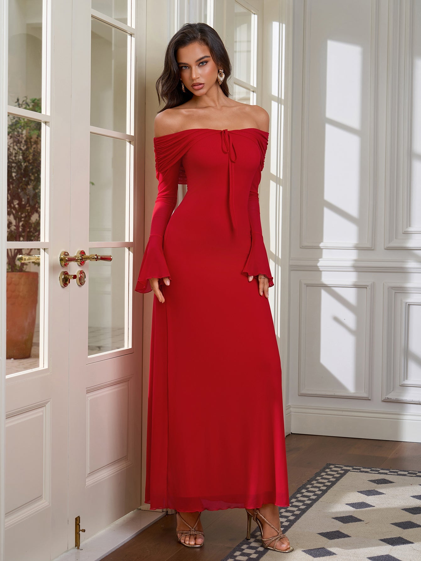 Off Shoulder Ruched Tie Front Flounce Sleeve Mesh Dress