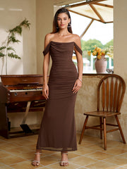Off Shoulder Ruched Zipper Back Bodycon Dress