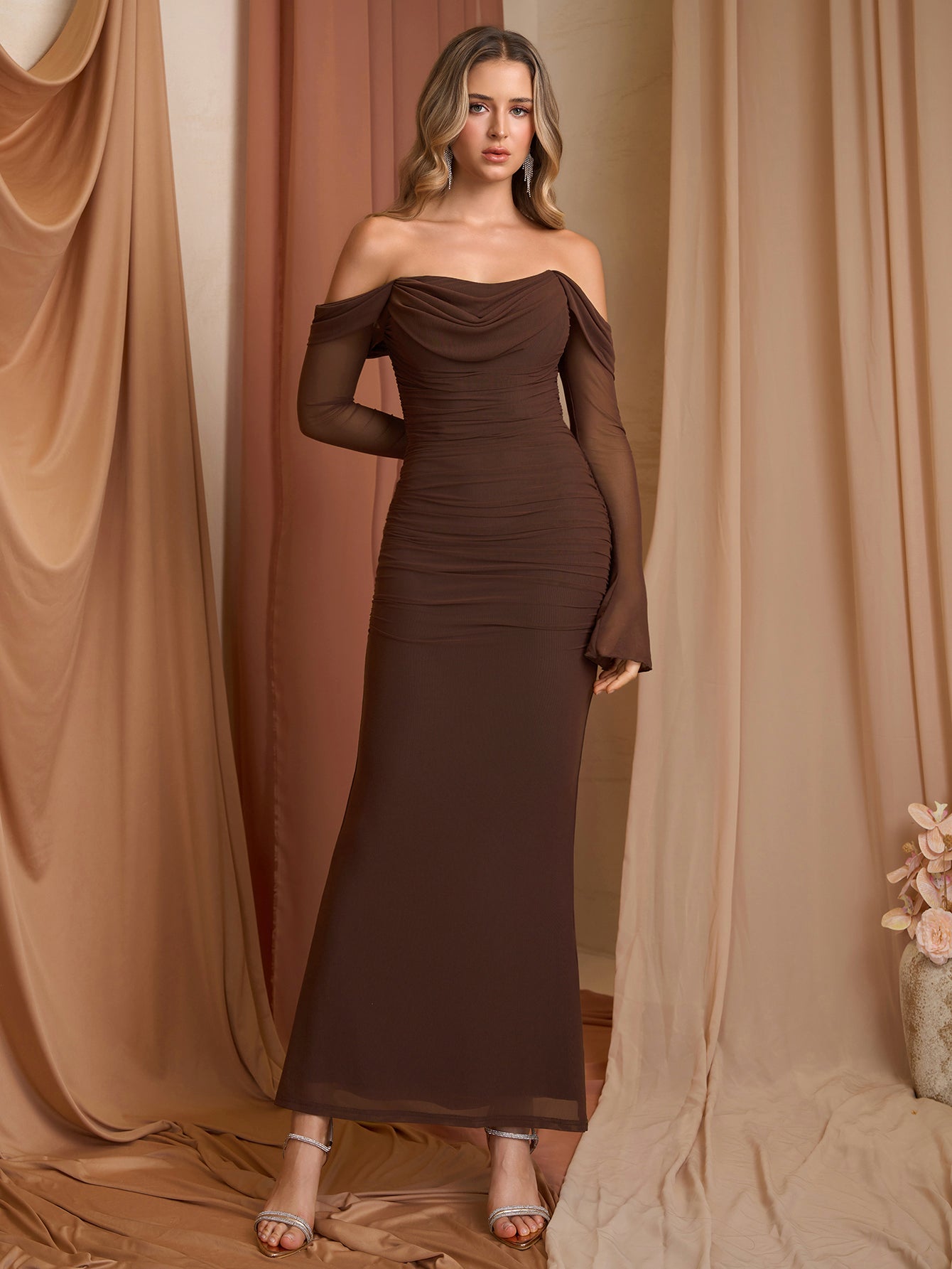Off Shoulder Ruched Zipper Back Long Sleeve Mesh Dress