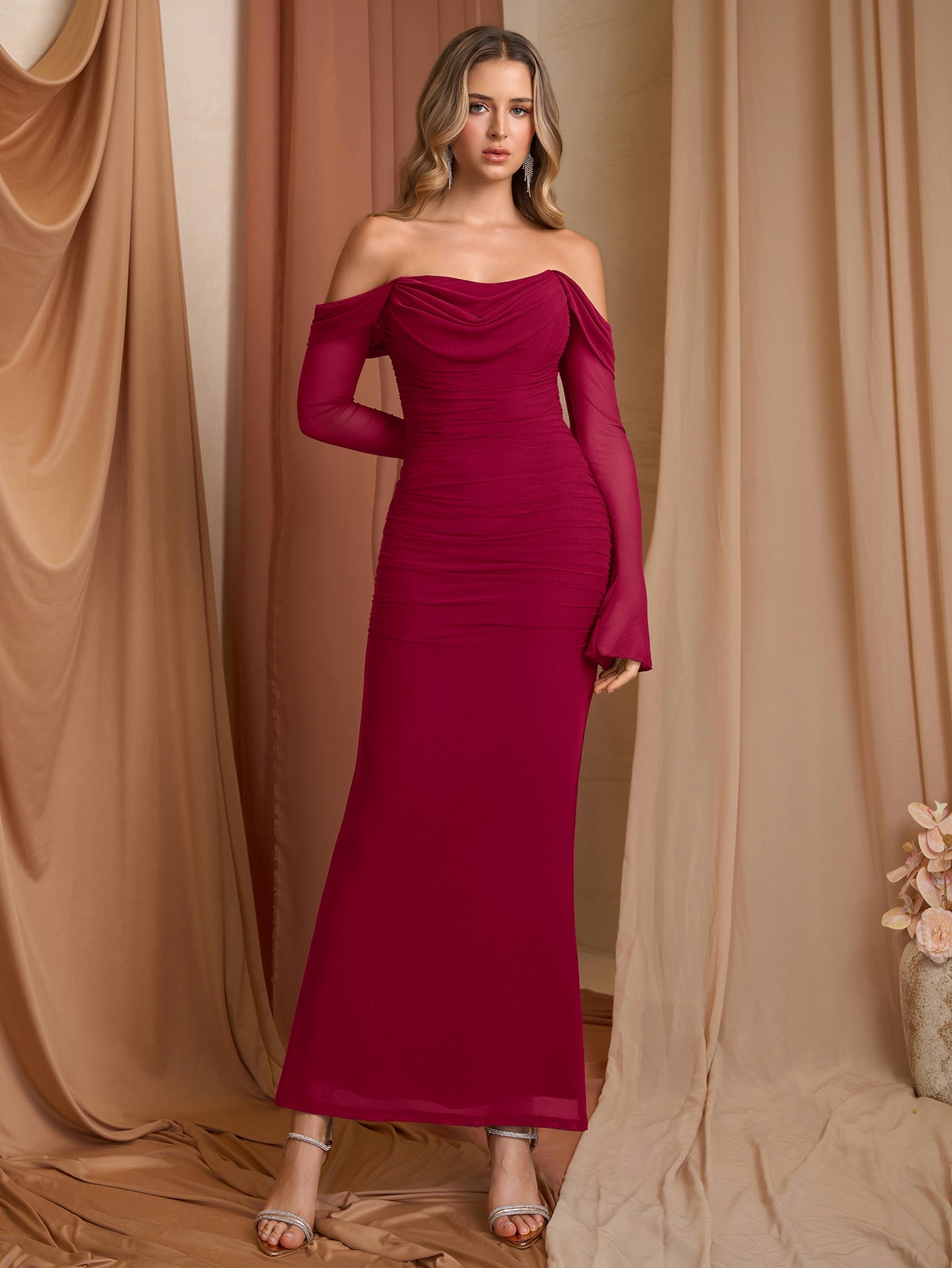 Off Shoulder Ruched Zipper Back Long Sleeve Mesh Dress