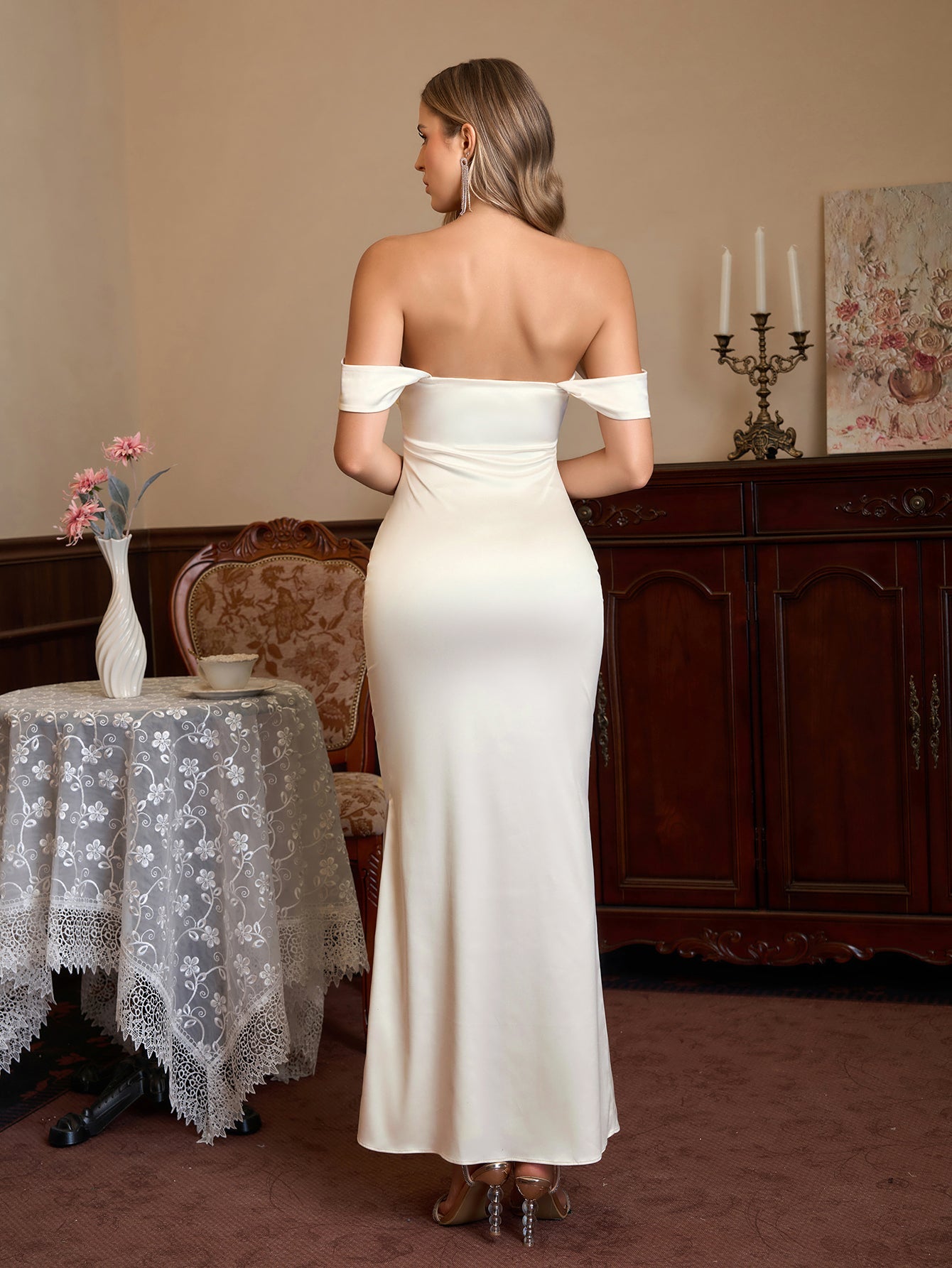 Off Shoulder Satin Backless Mermaid Dress