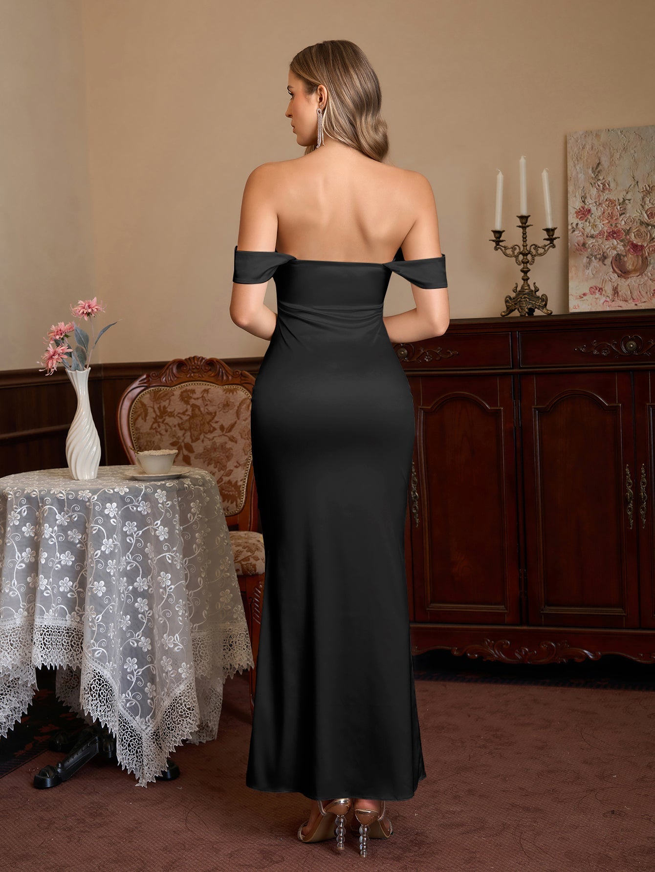 Off Shoulder Satin Backless Mermaid Dress