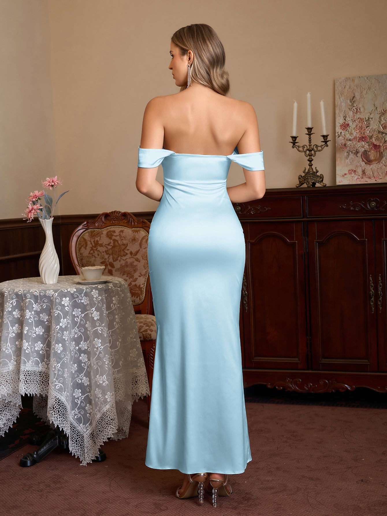 Off Shoulder Satin Backless Mermaid Dress
