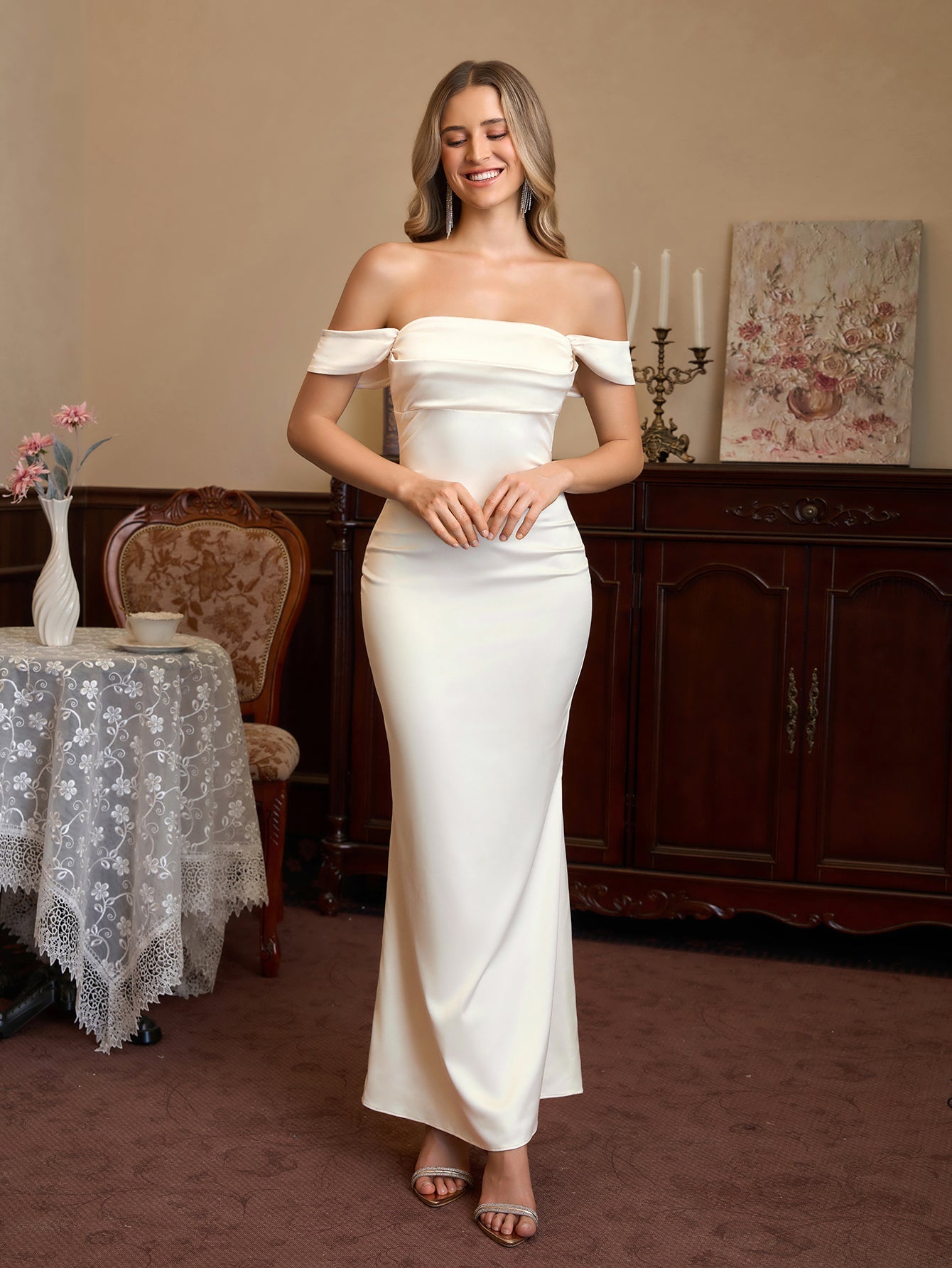 Off Shoulder Satin Backless Mermaid Dress