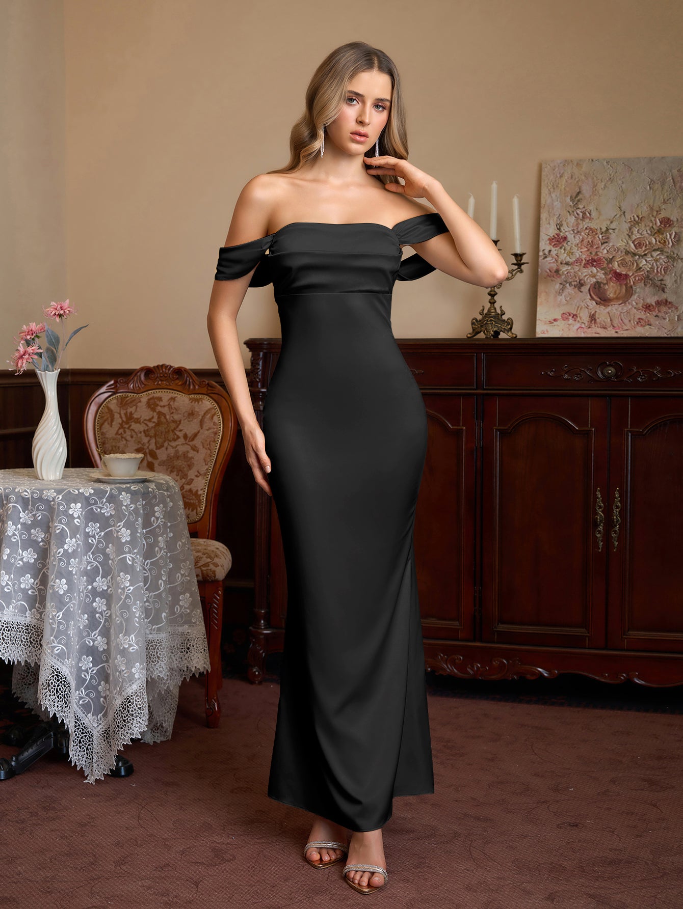 Off Shoulder Satin Backless Mermaid Dress