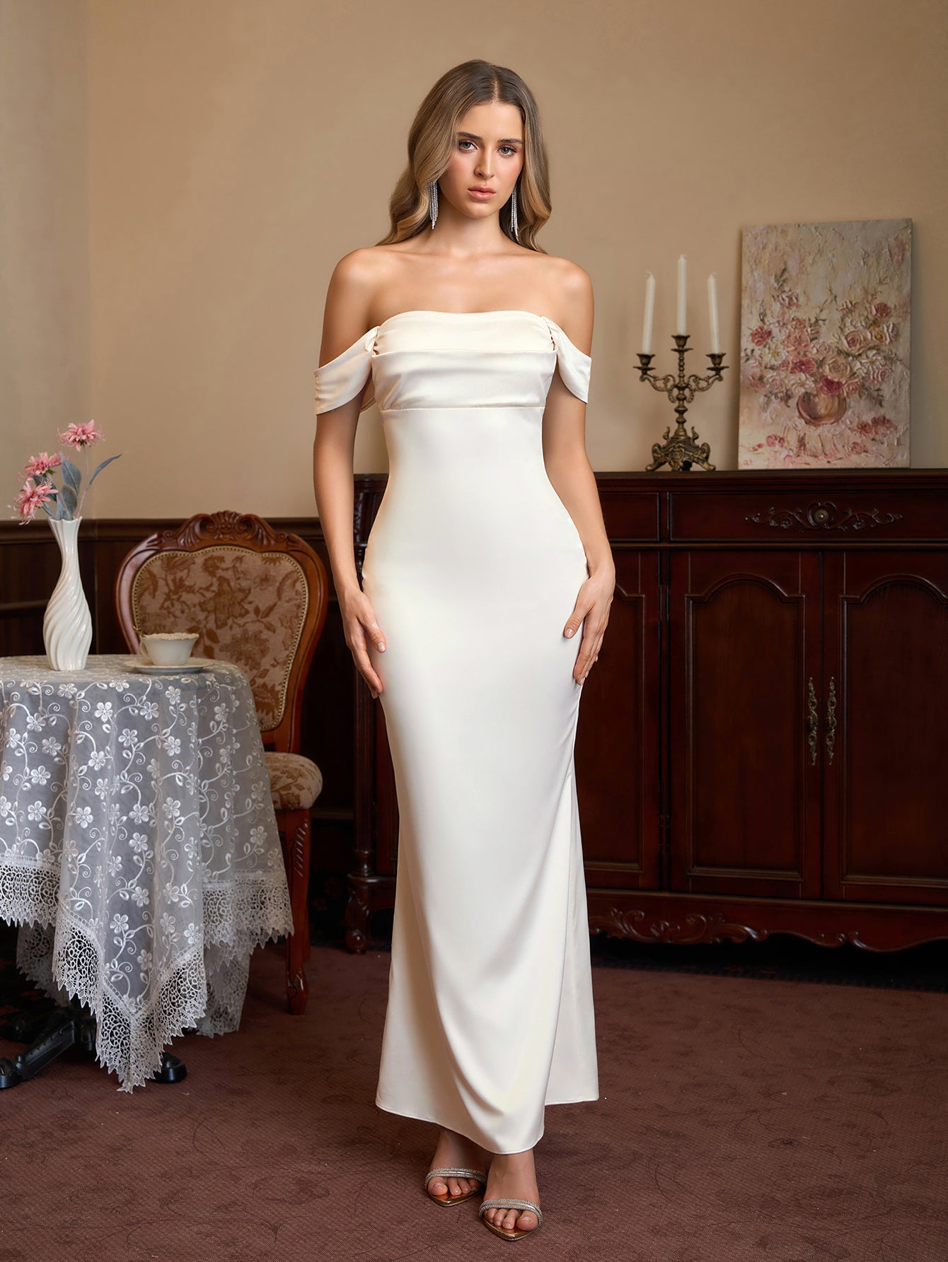 Off Shoulder Satin Backless Mermaid Dress