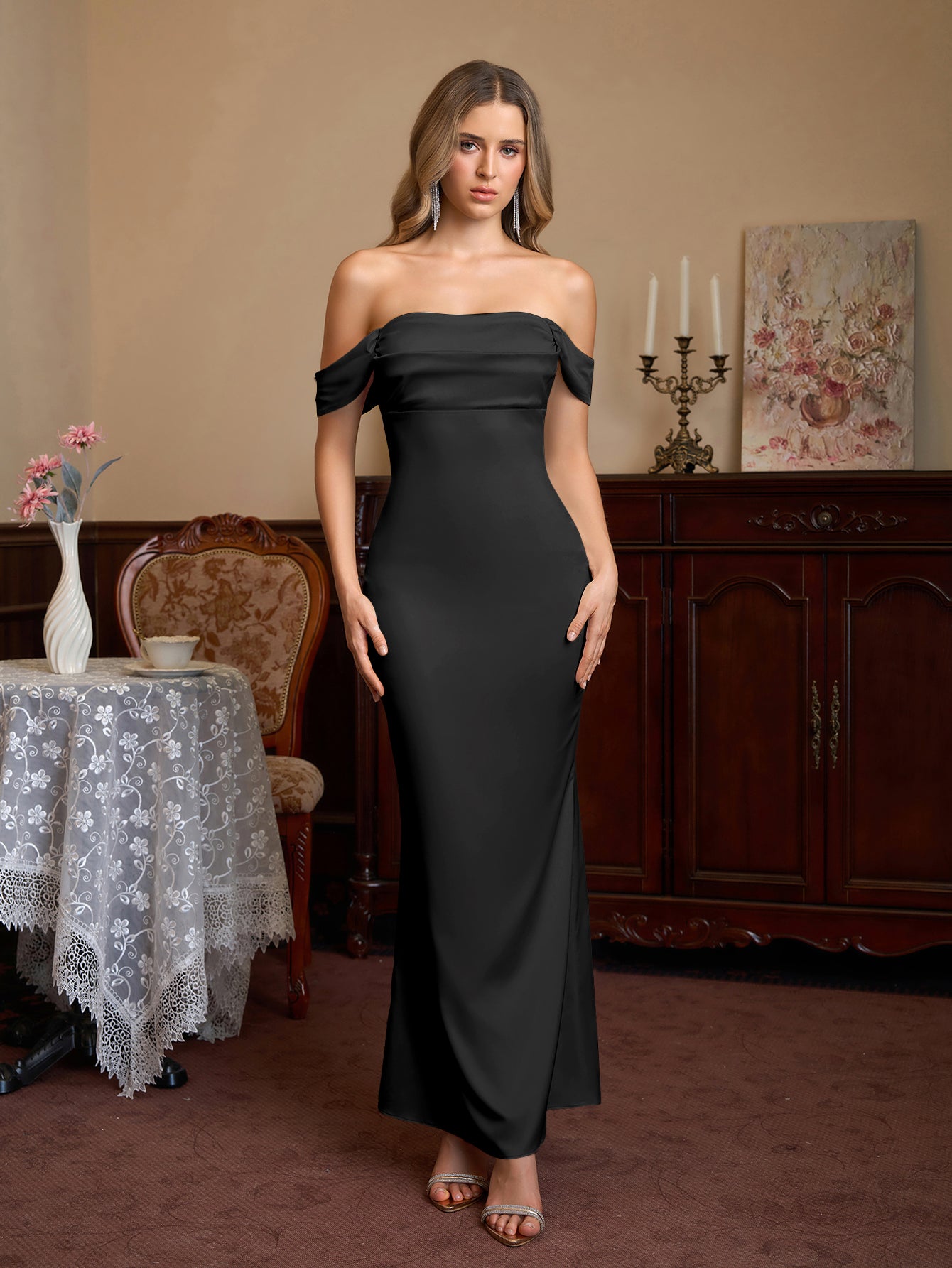 Off Shoulder Satin Backless Mermaid Dress