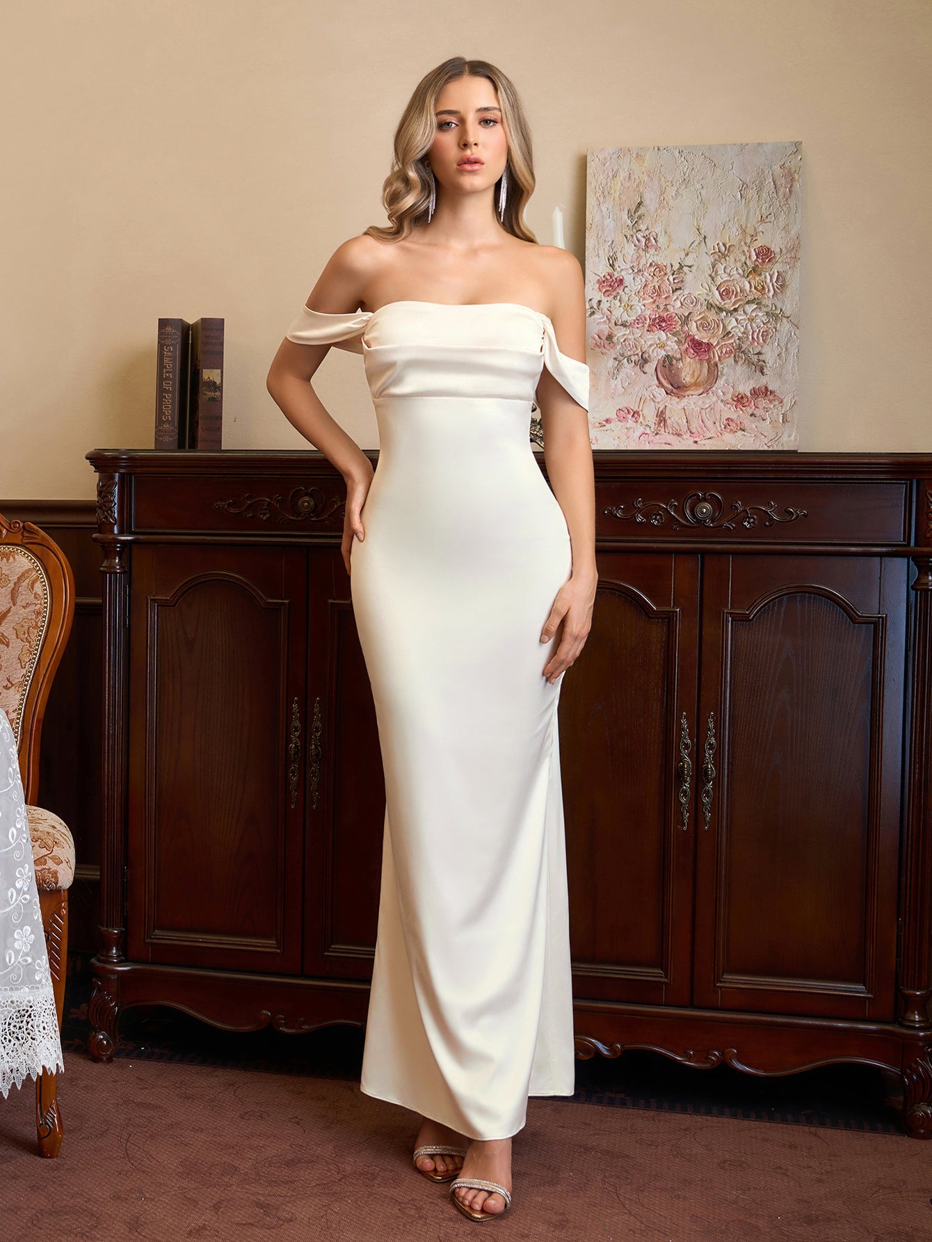 Off Shoulder Satin Backless Mermaid Dress