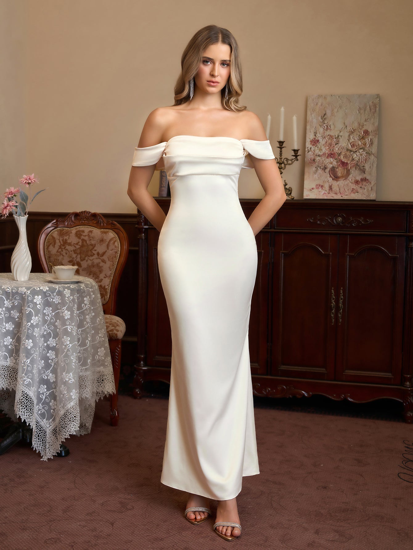 Off Shoulder Satin Backless Mermaid Dress