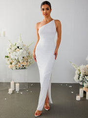 One Shoulder Backless Side Slit Hem Dress