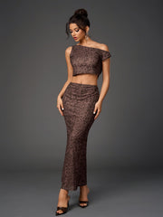 One Shoulder Draped Tie Backless Top&Mesh Print Bodycon Skirt