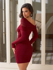 One Shoulder Ruched  Bodycon Mesh Mini Dress