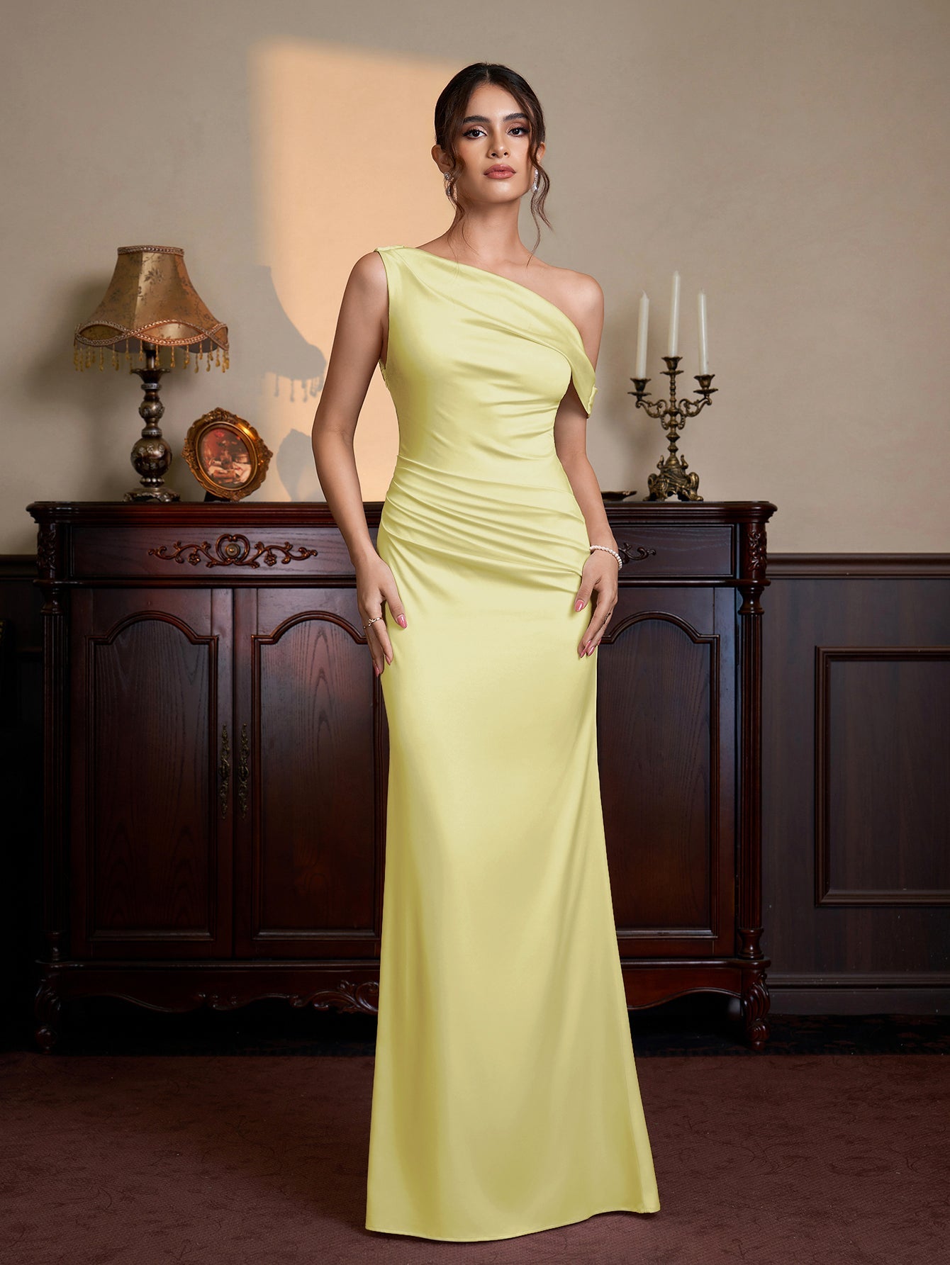 One Shoulder Satin Bodycon Maxi Dress