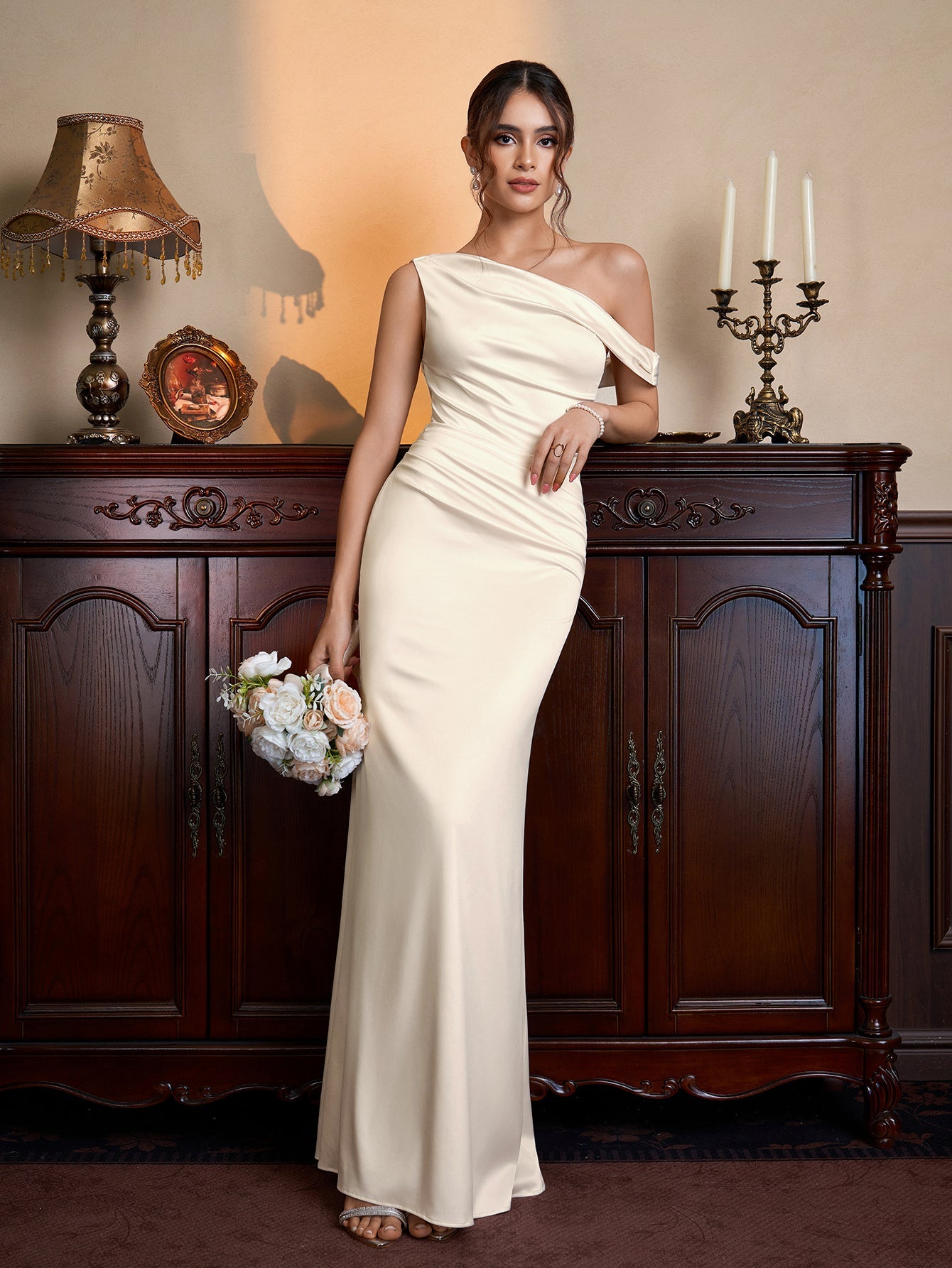 One Shoulder Satin Bodycon Maxi Dress