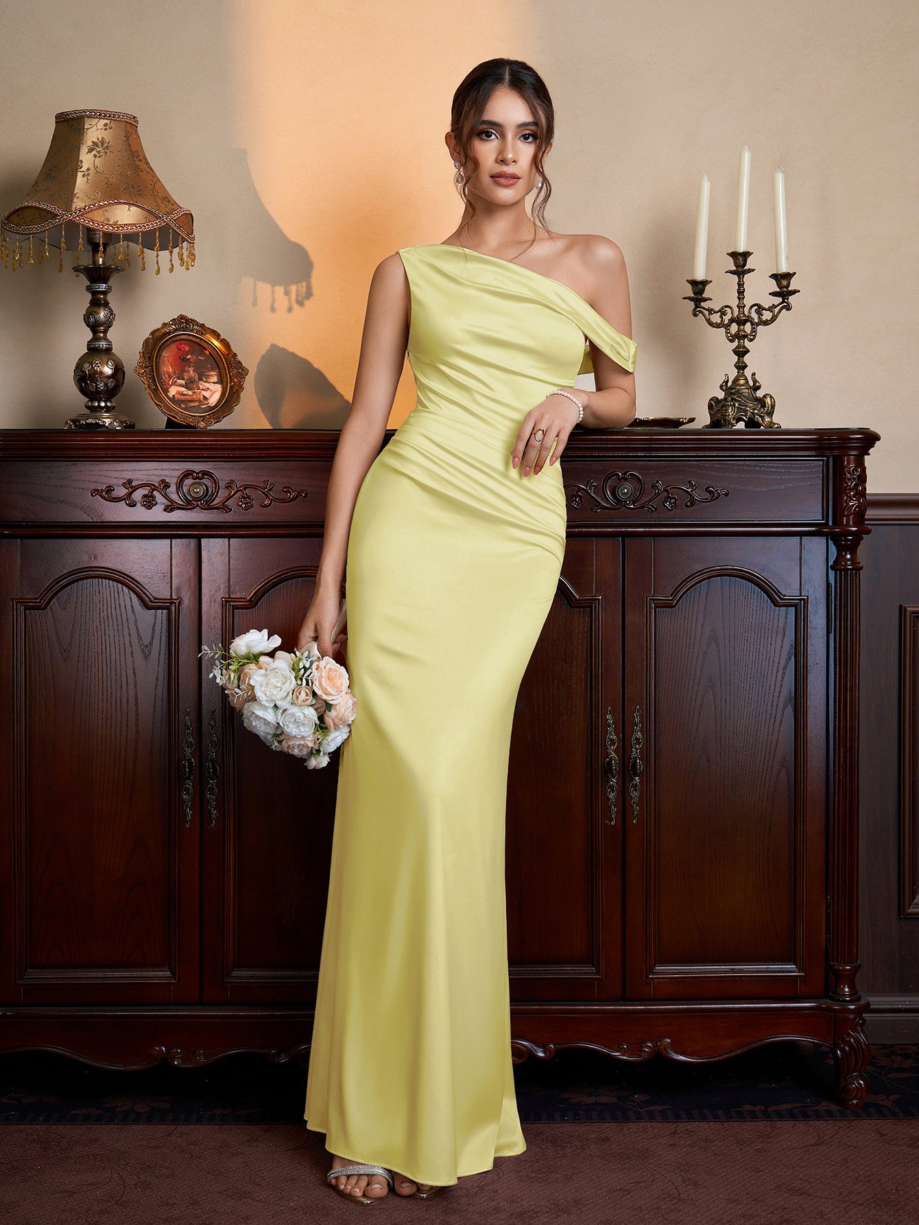 One Shoulder Satin Bodycon Maxi Dress