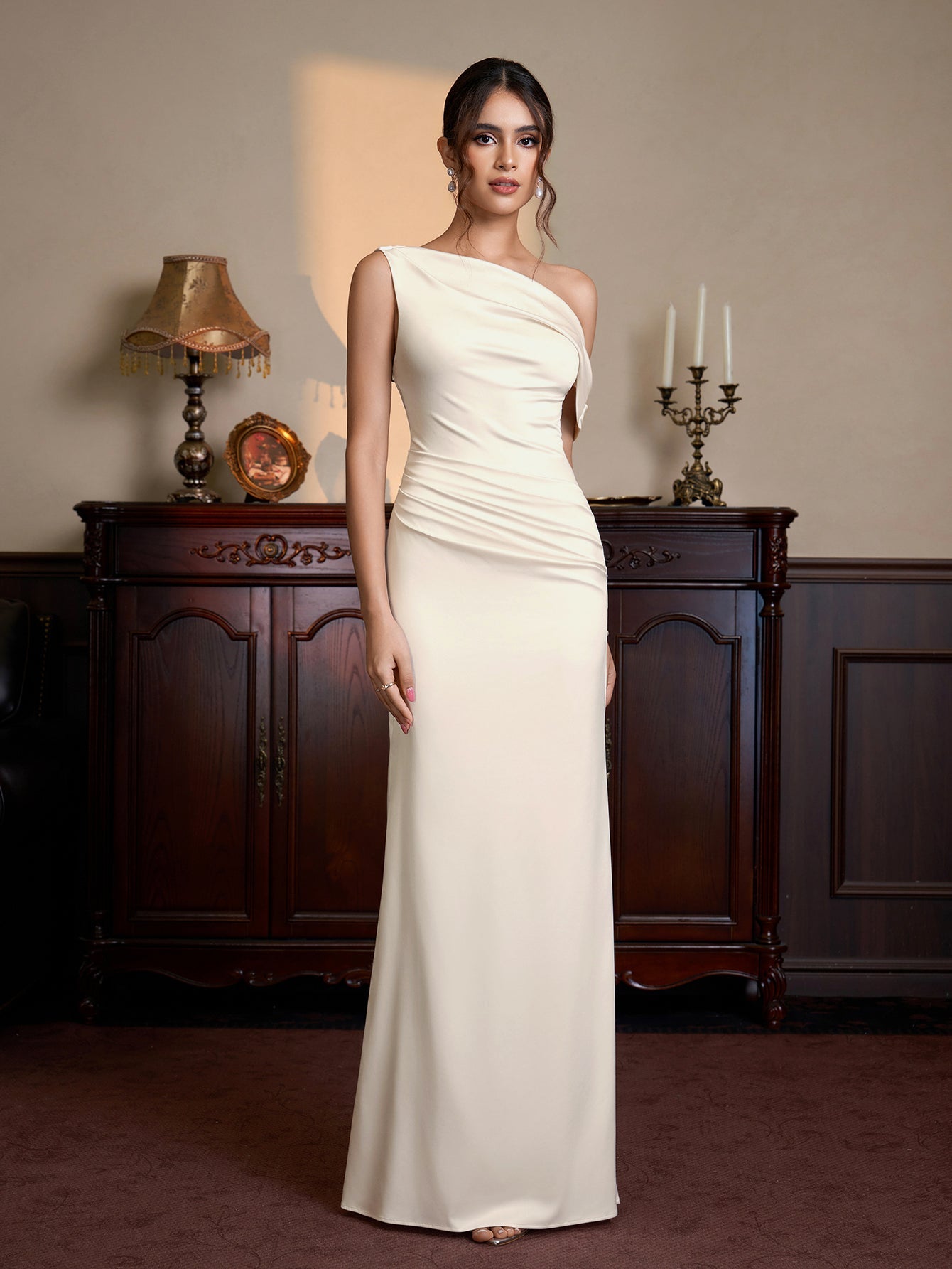 One Shoulder Satin Bodycon Maxi Dress
