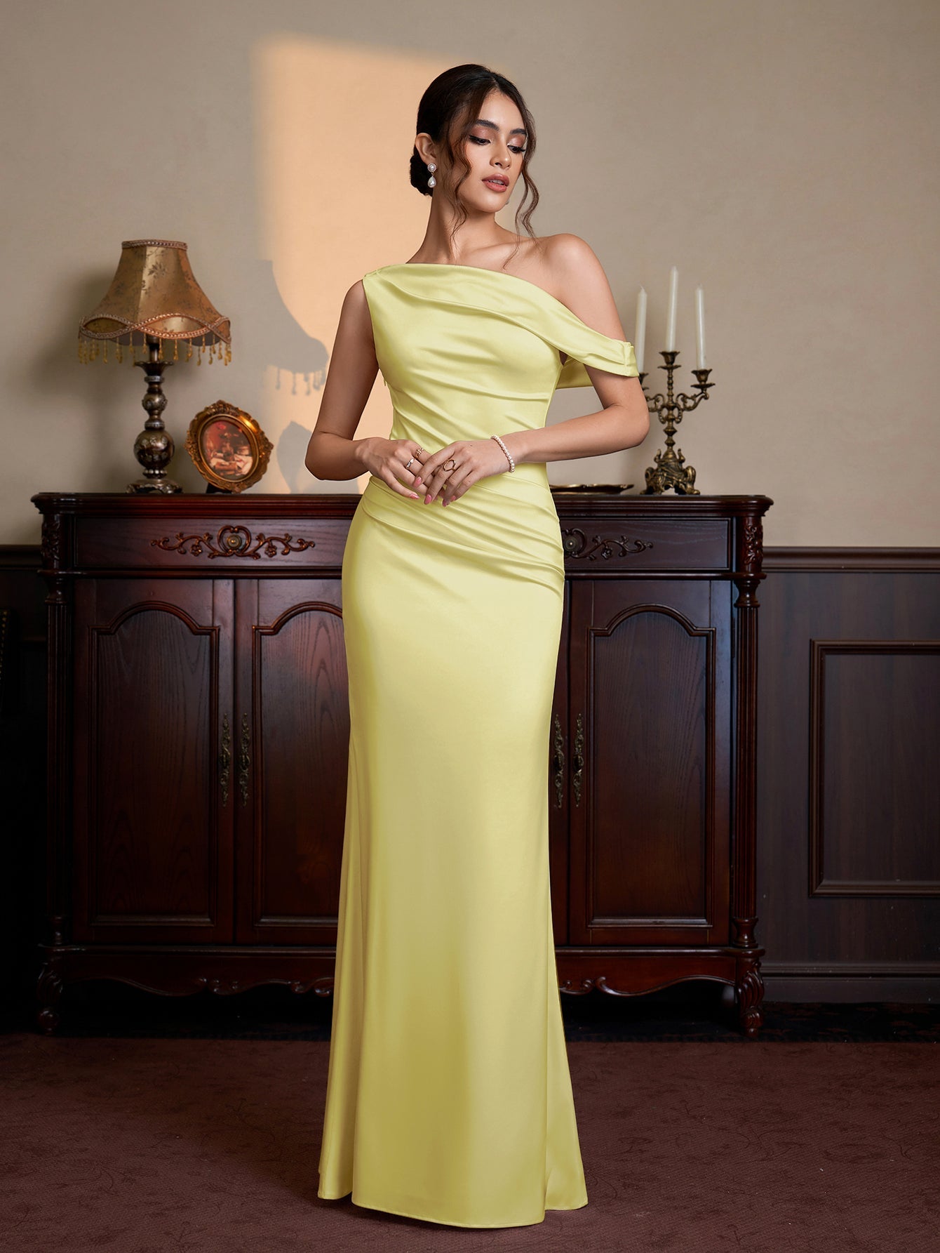One Shoulder Satin Bodycon Maxi Dress