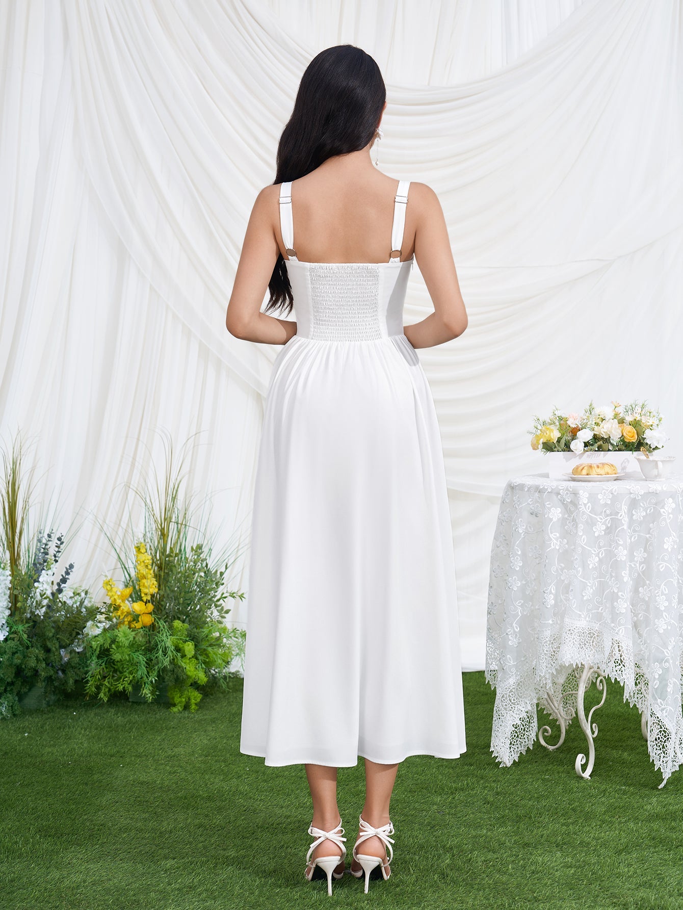 Openwork Split Thigh Pocket Floral Print Dress