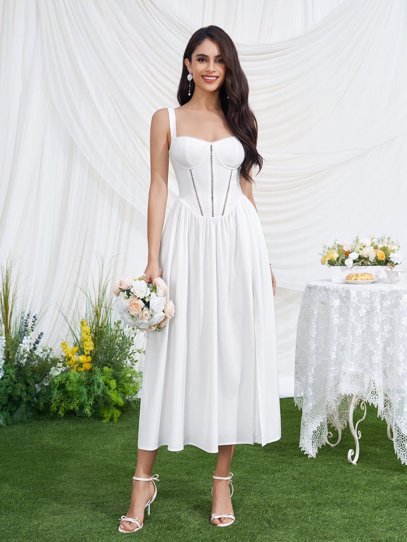 Openwork Split Thigh Pocket Floral Print Dress