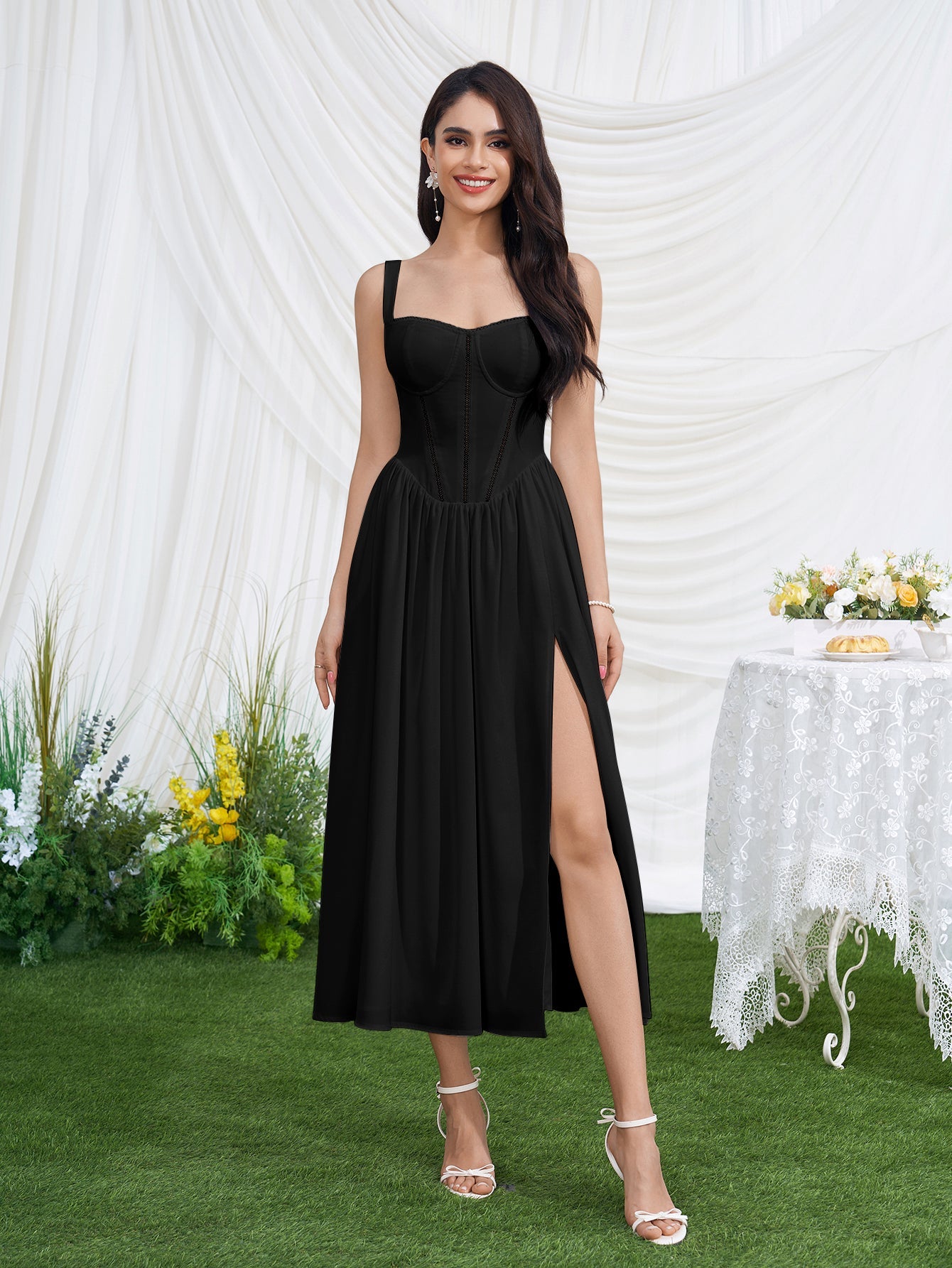 Openwork Split Thigh Pocket Floral Print Dress