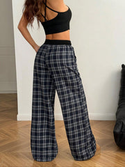 Plaid Drawstring Shirred Waistband Pants