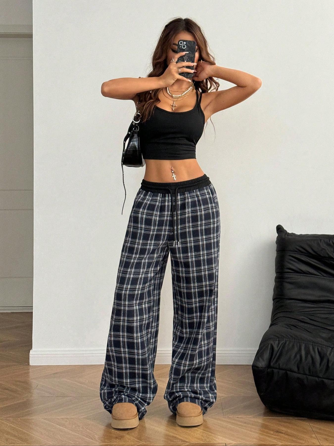 Plaid Drawstring Shirred Waistband Pants