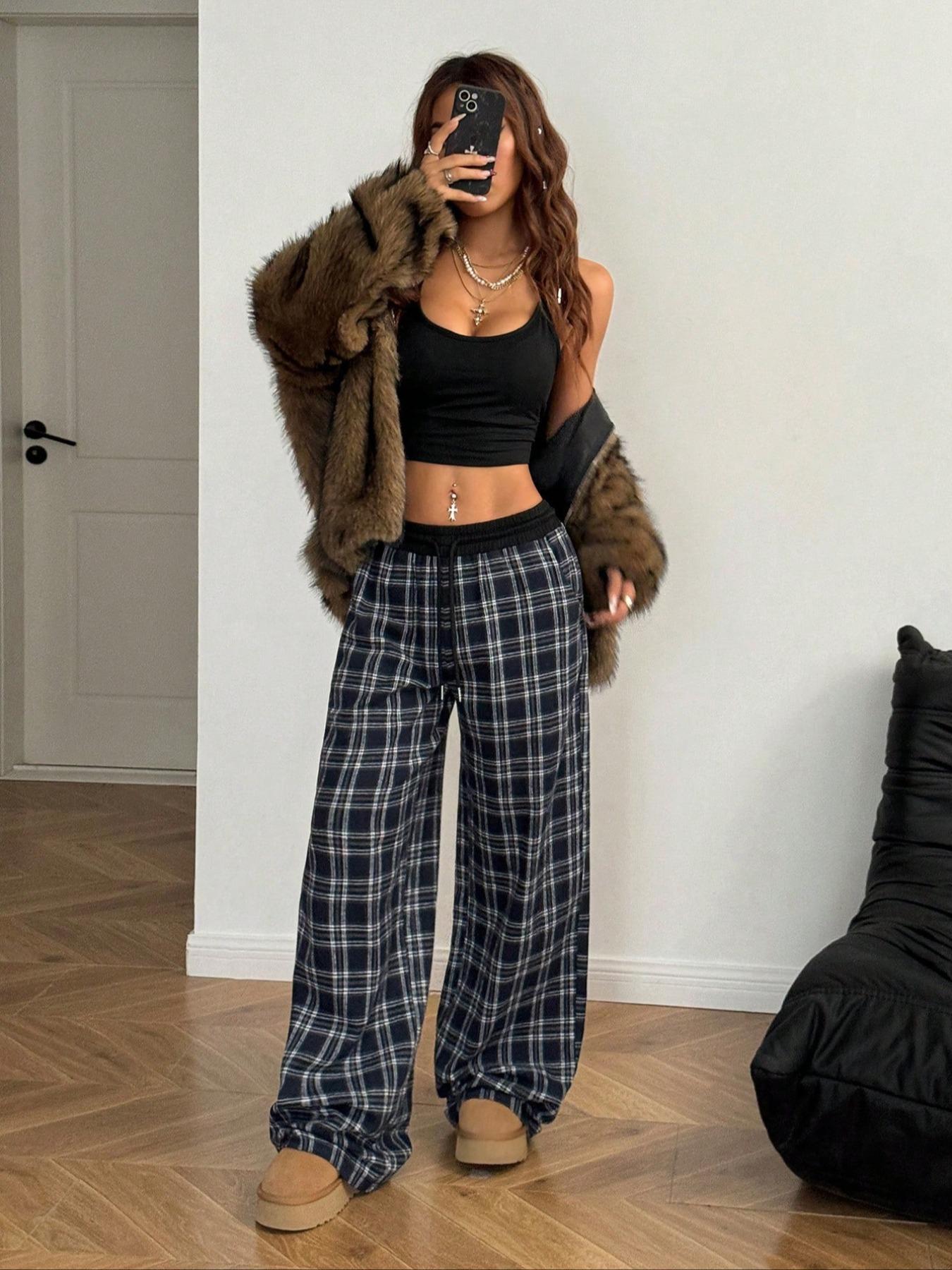 Plaid Drawstring Shirred Waistband Pants