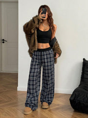 Plaid Drawstring Shirred Waistband Pants