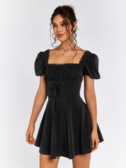 Puff Sleeve Lace Trim Backless Mini Dress