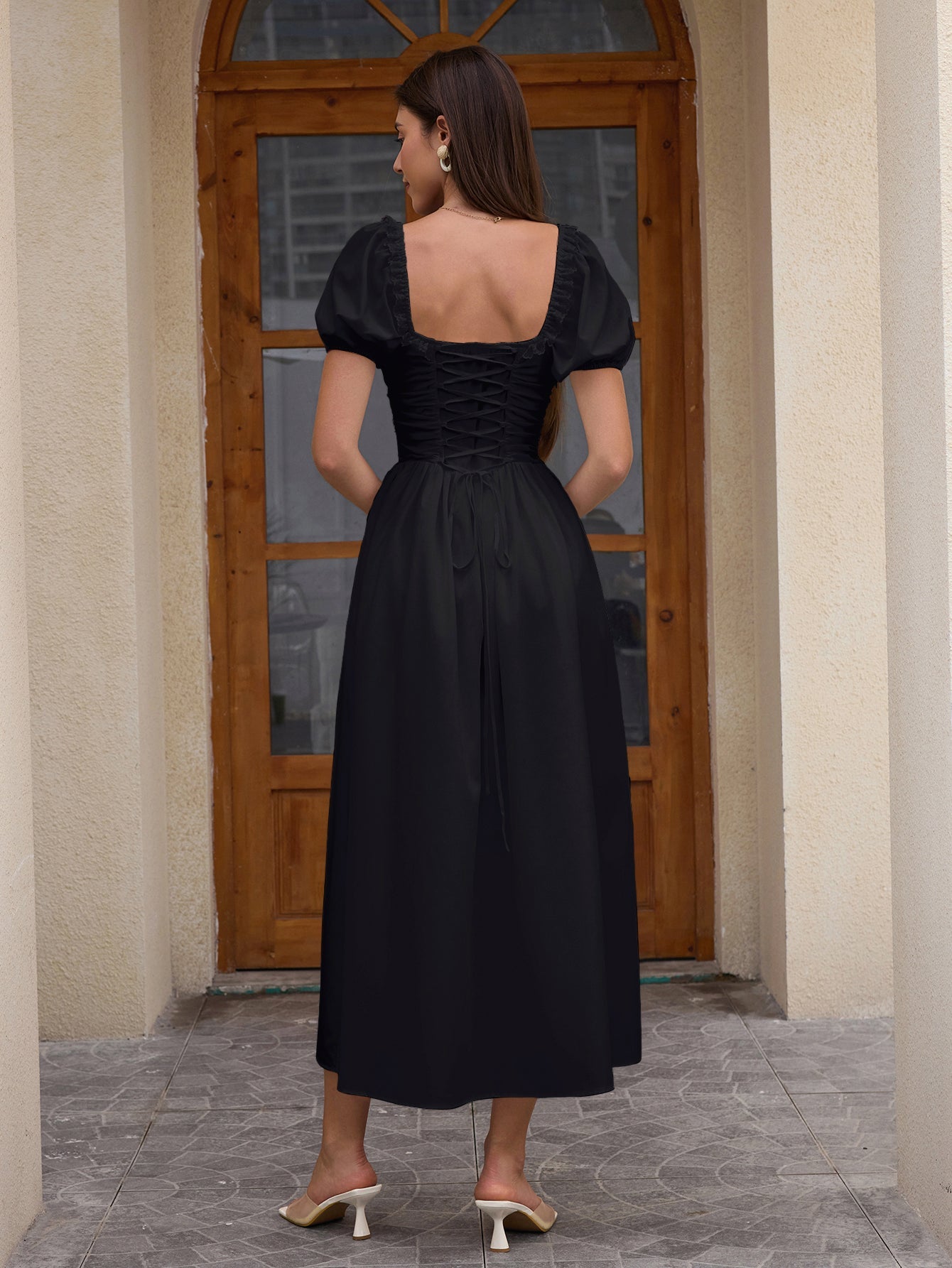 Puff Sleeve Lace Trim Ruched With Pockets Midi Dress