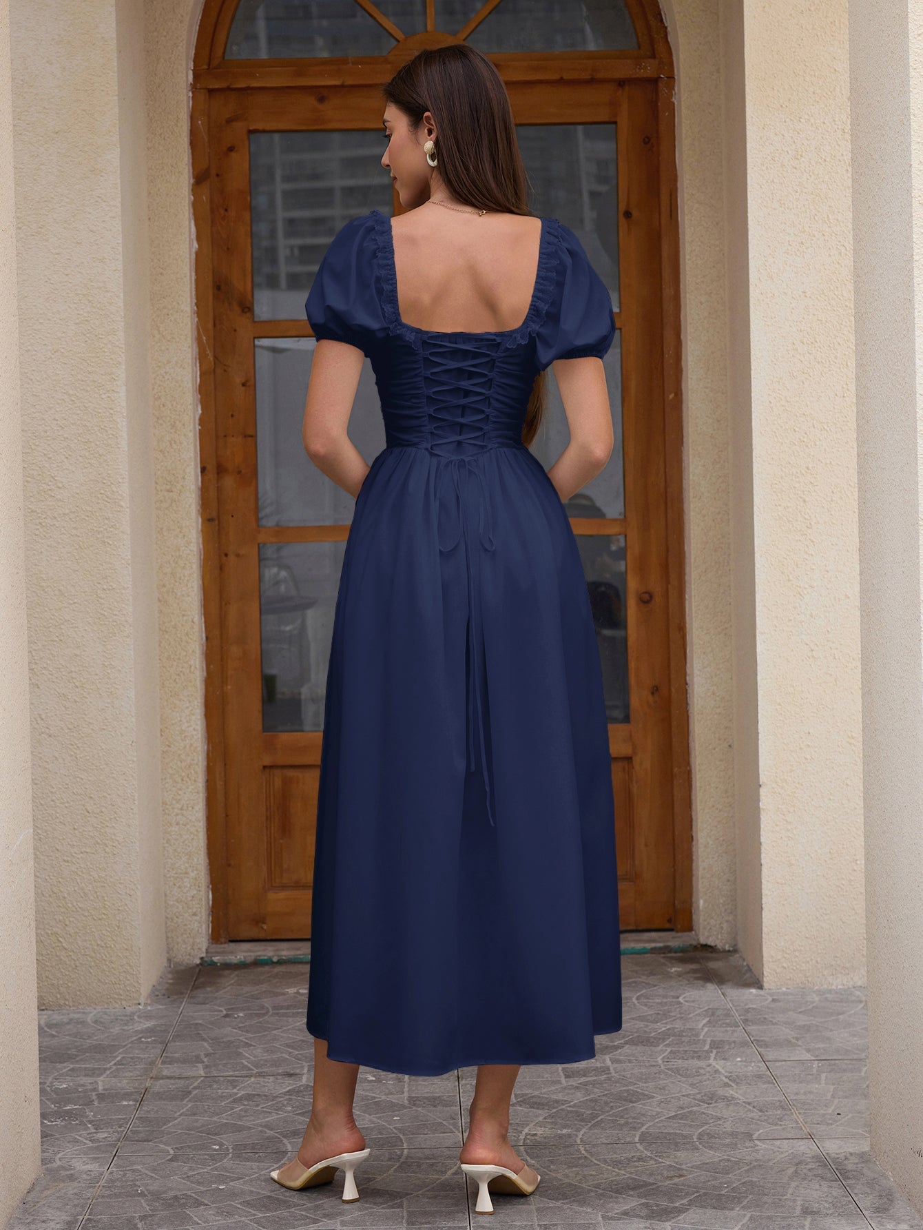 Puff Sleeve Lace Trim Ruched With Pockets Midi Dress