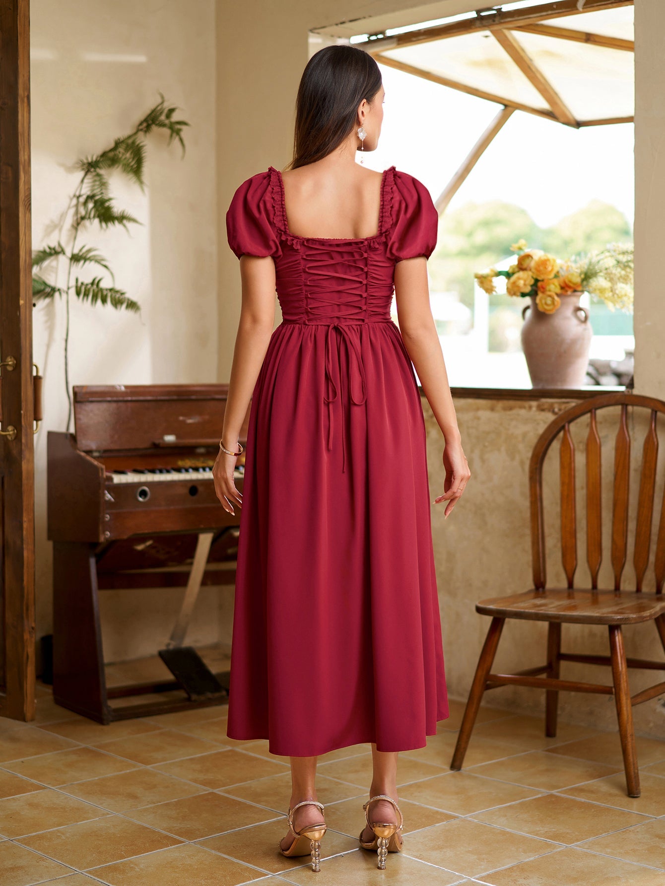 Puff Sleeve Lace Trim Ruched With Pockets Midi Dress