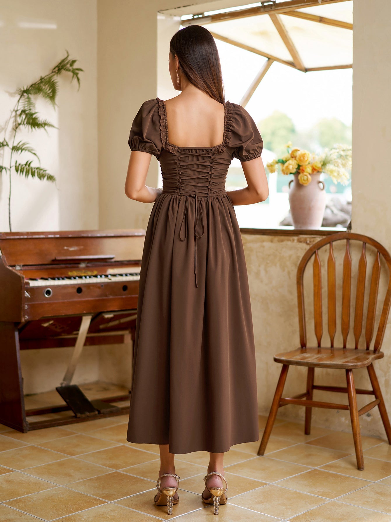 Puff Sleeve Lace Trim Ruched With Pockets Midi Dress