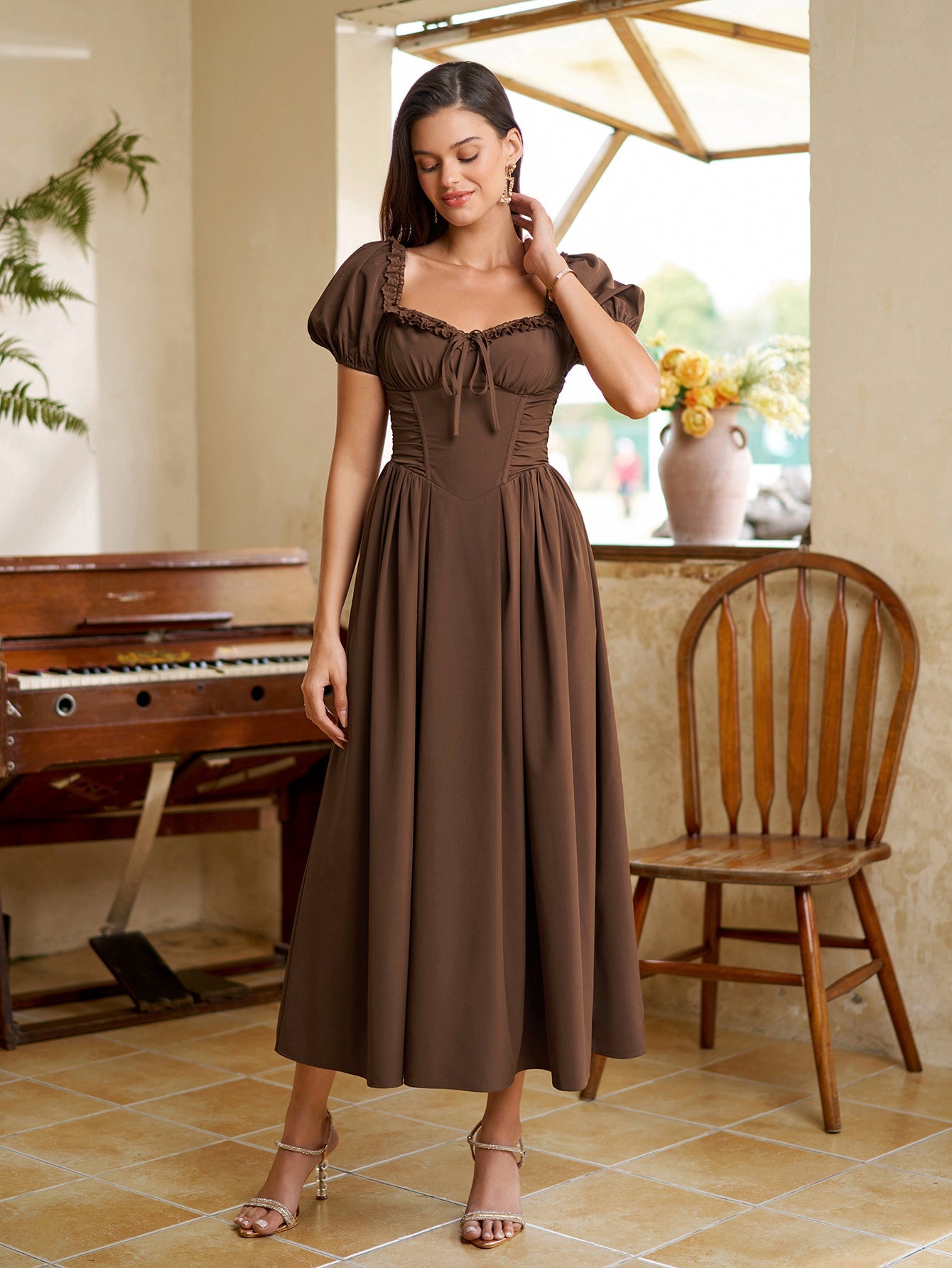 Puff Sleeve Lace Trim Ruched With Pockets Midi Dress