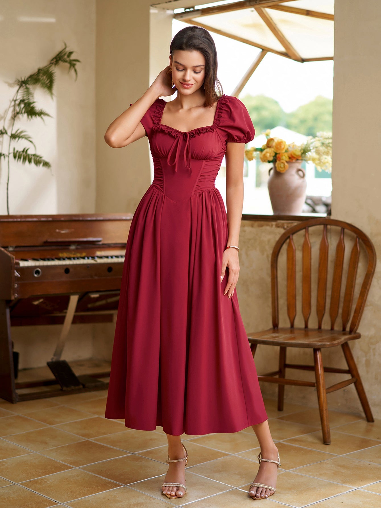 Puff Sleeve Lace Trim Ruched With Pockets Midi Dress