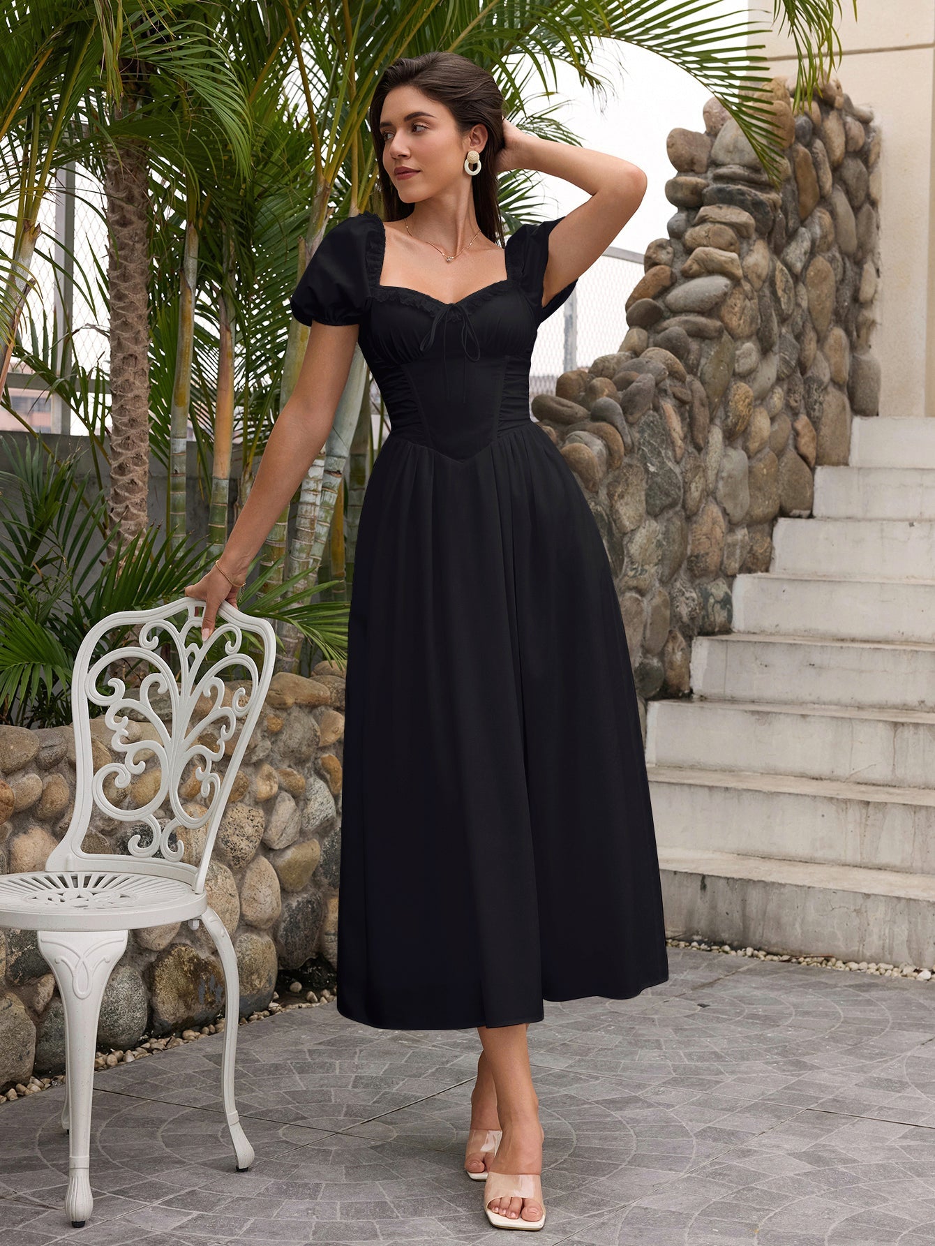 Puff Sleeve Lace Trim Ruched With Pockets Midi Dress