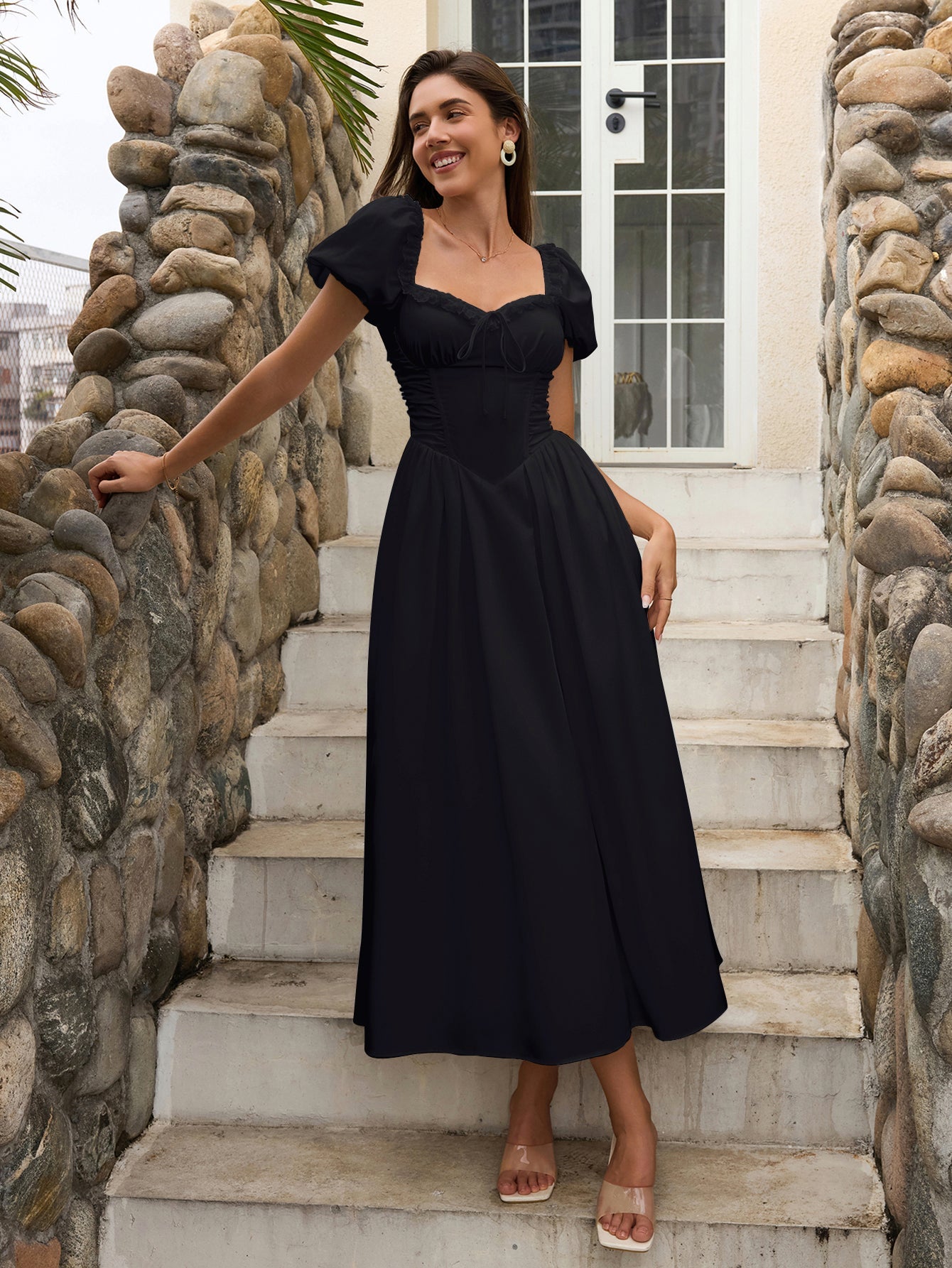 Puff Sleeve Lace Trim Ruched With Pockets Midi Dress