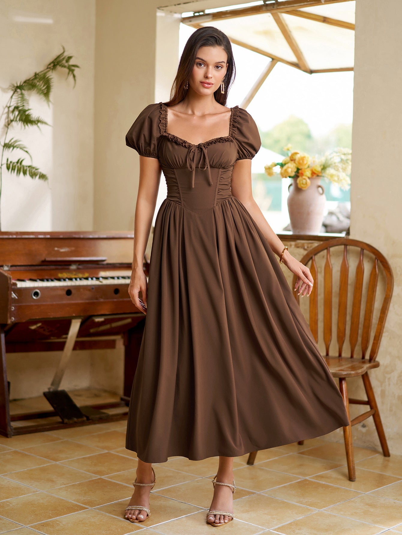 Puff Sleeve Lace Trim Ruched With Pockets Midi Dress