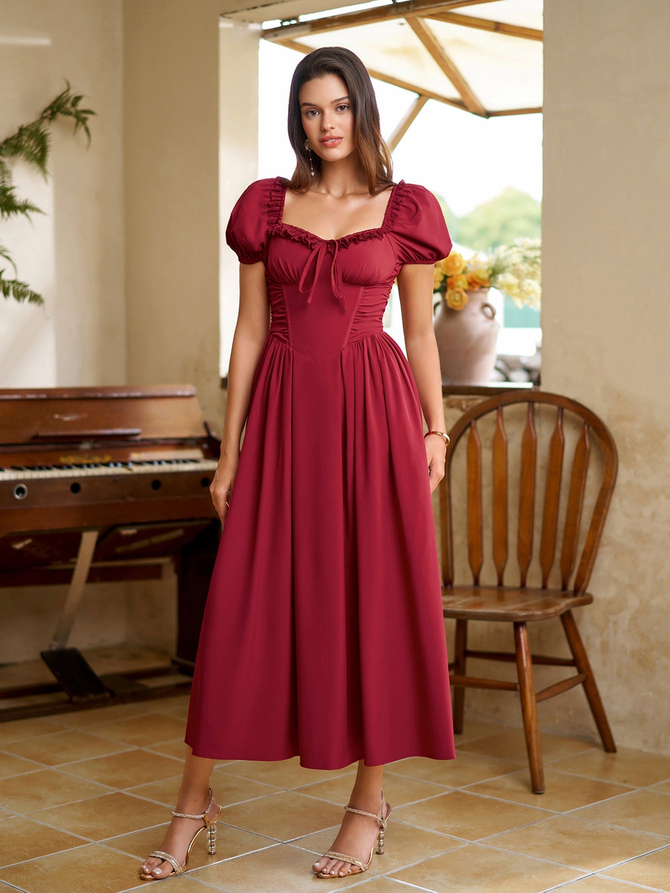 Puff Sleeve Lace Trim Ruched With Pockets Midi Dress