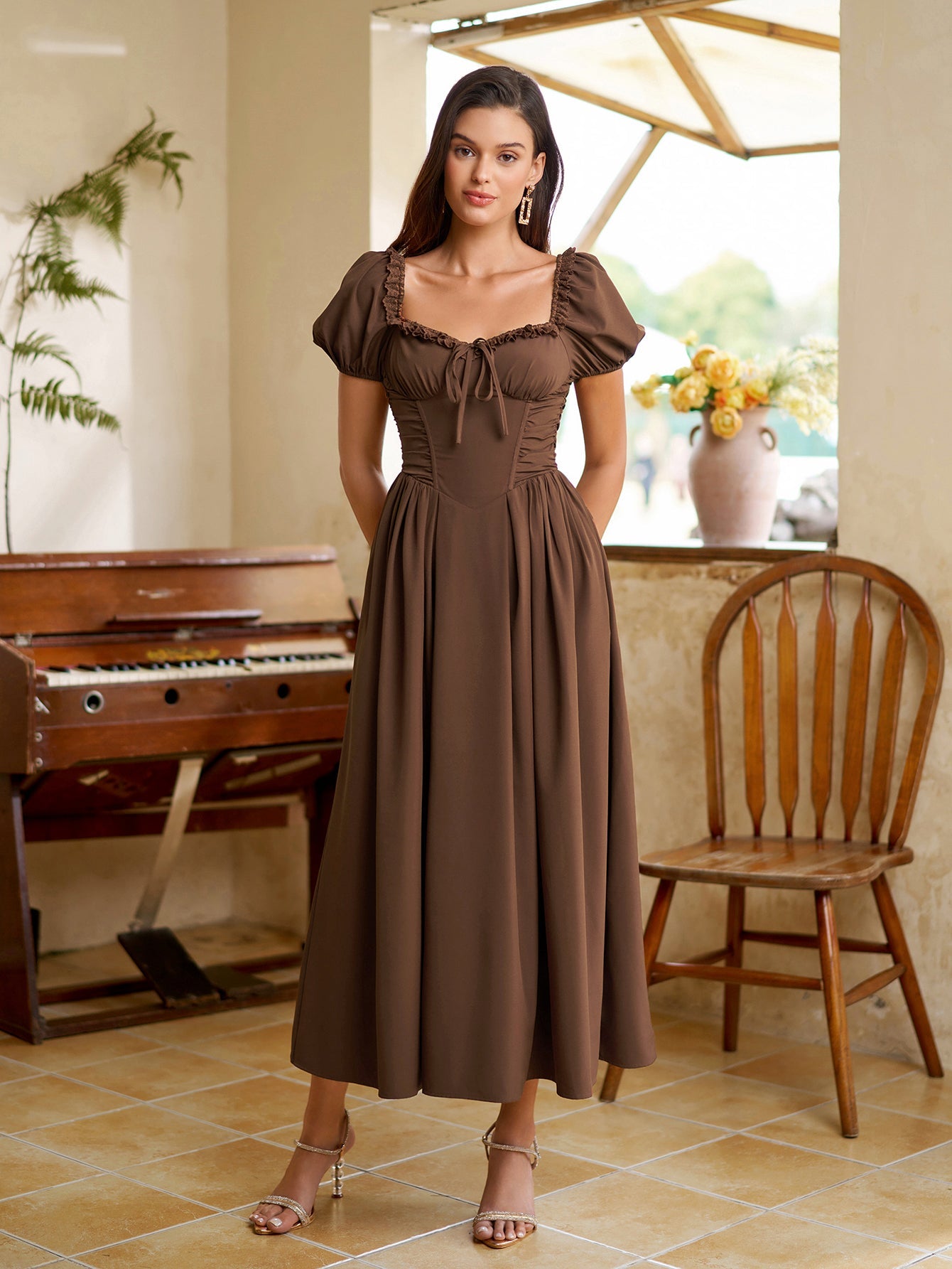Puff Sleeve Lace Trim Ruched With Pockets Midi Dress