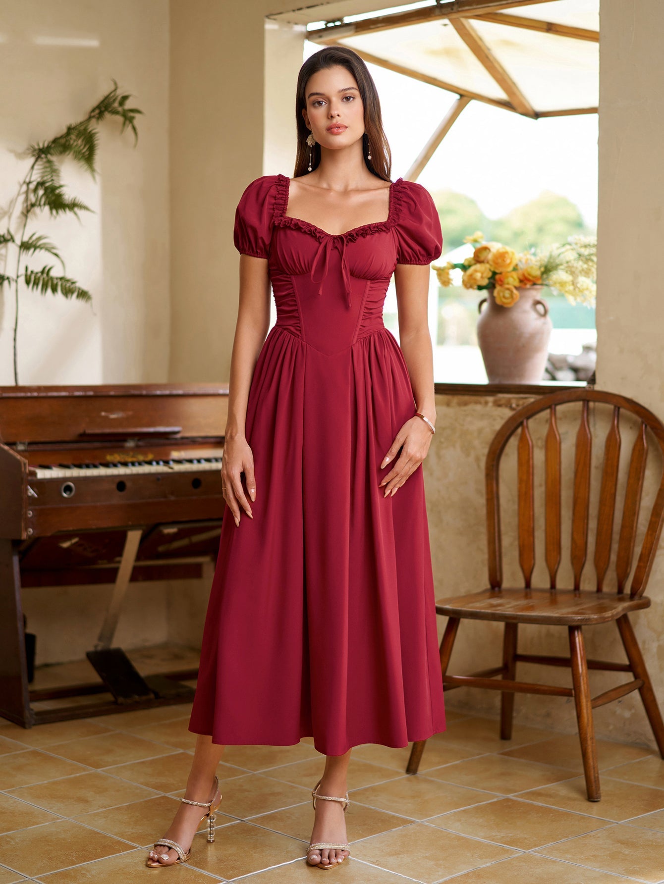 Puff Sleeve Lace Trim Ruched With Pockets Midi Dress