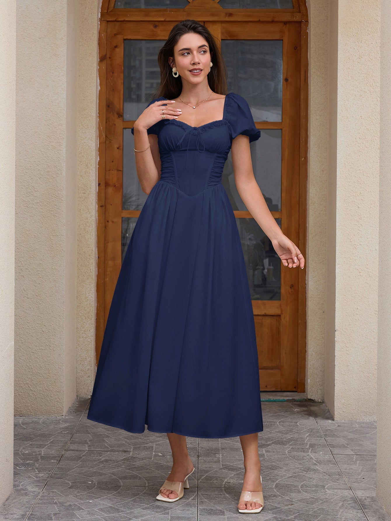 Puff Sleeve Lace Trim Ruched With Pockets Midi Dress