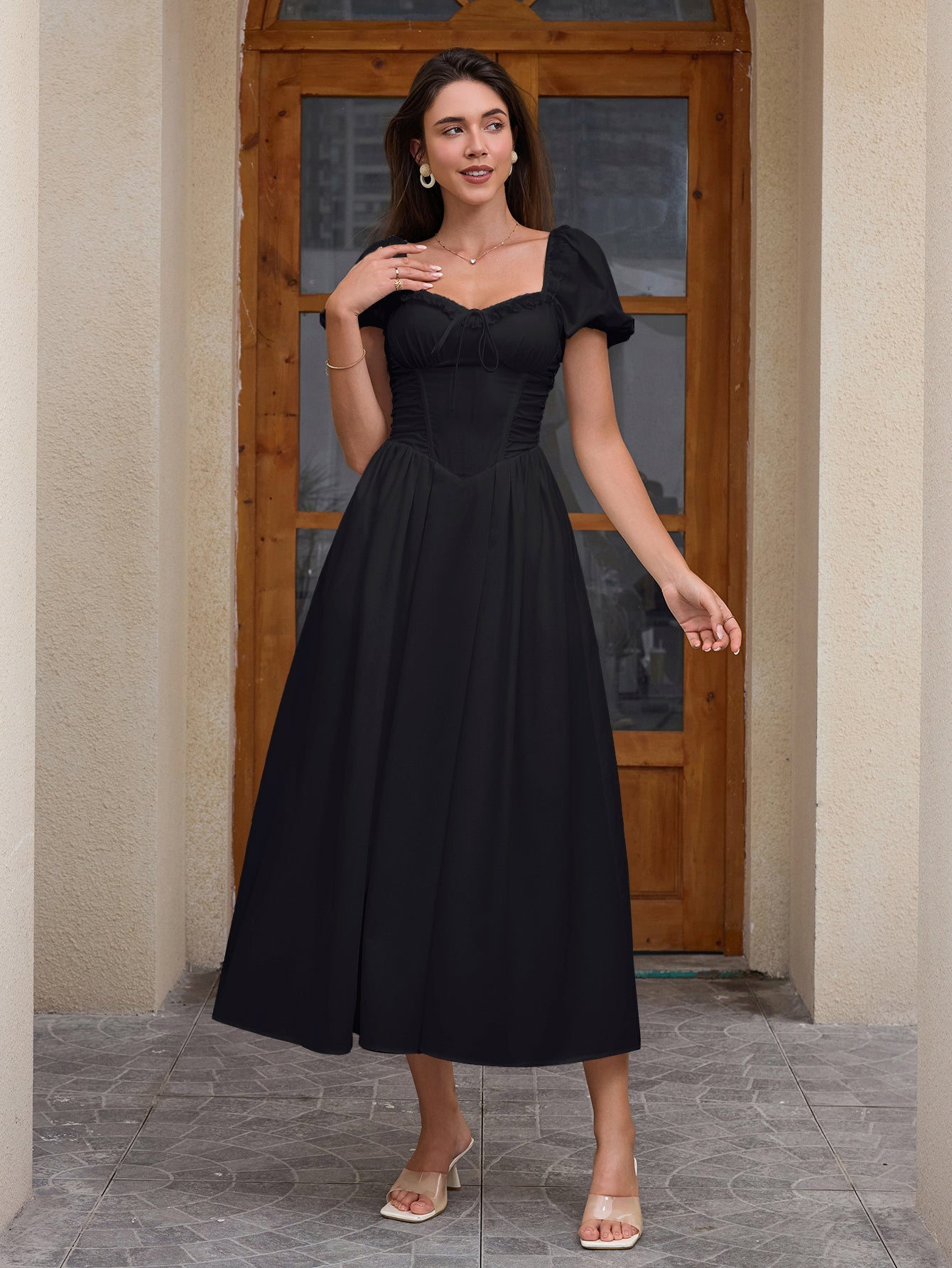 Puff Sleeve Lace Trim Ruched With Pockets Midi Dress
