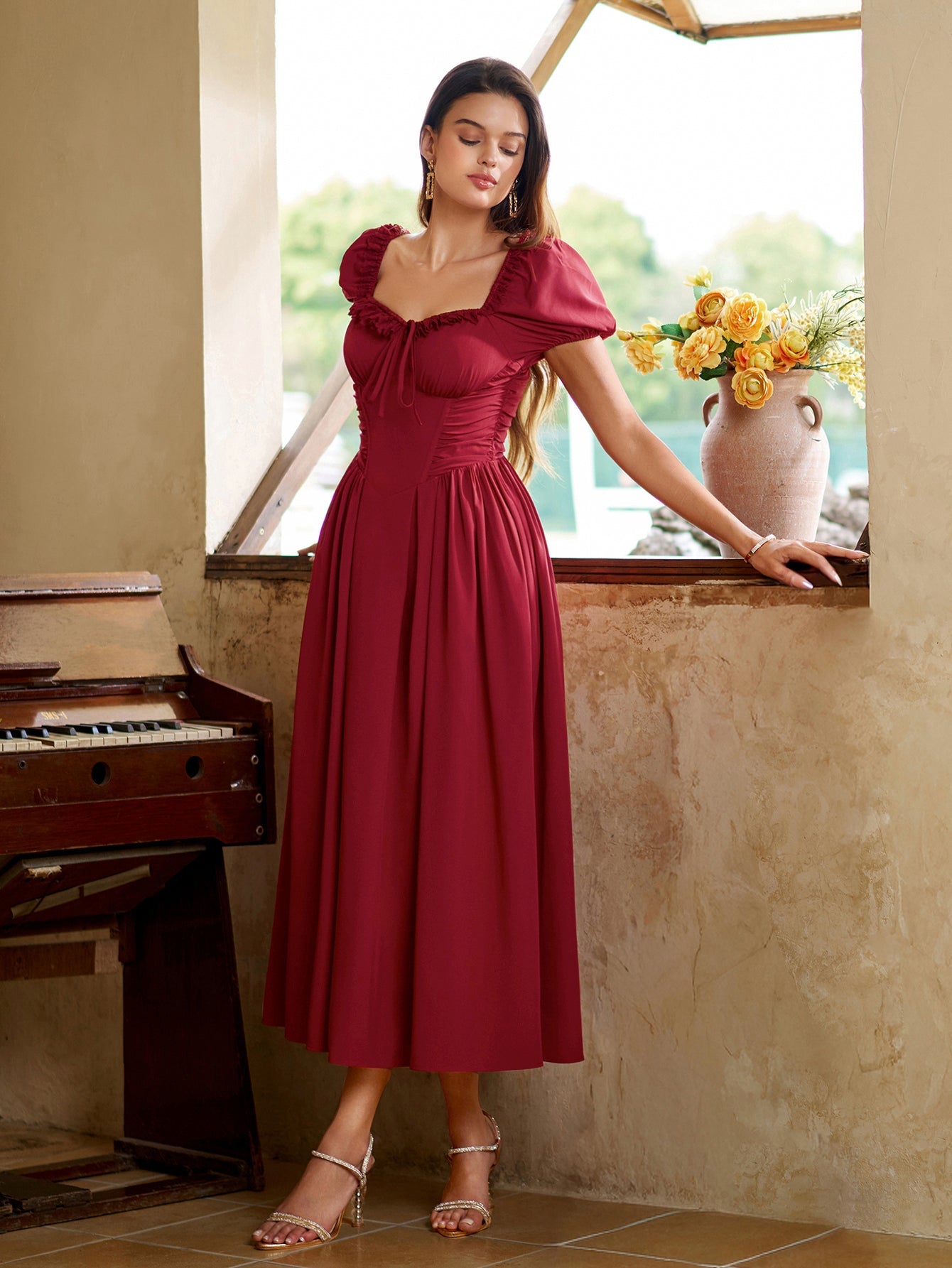 Puff Sleeve Lace Trim Ruched With Pockets Midi Dress