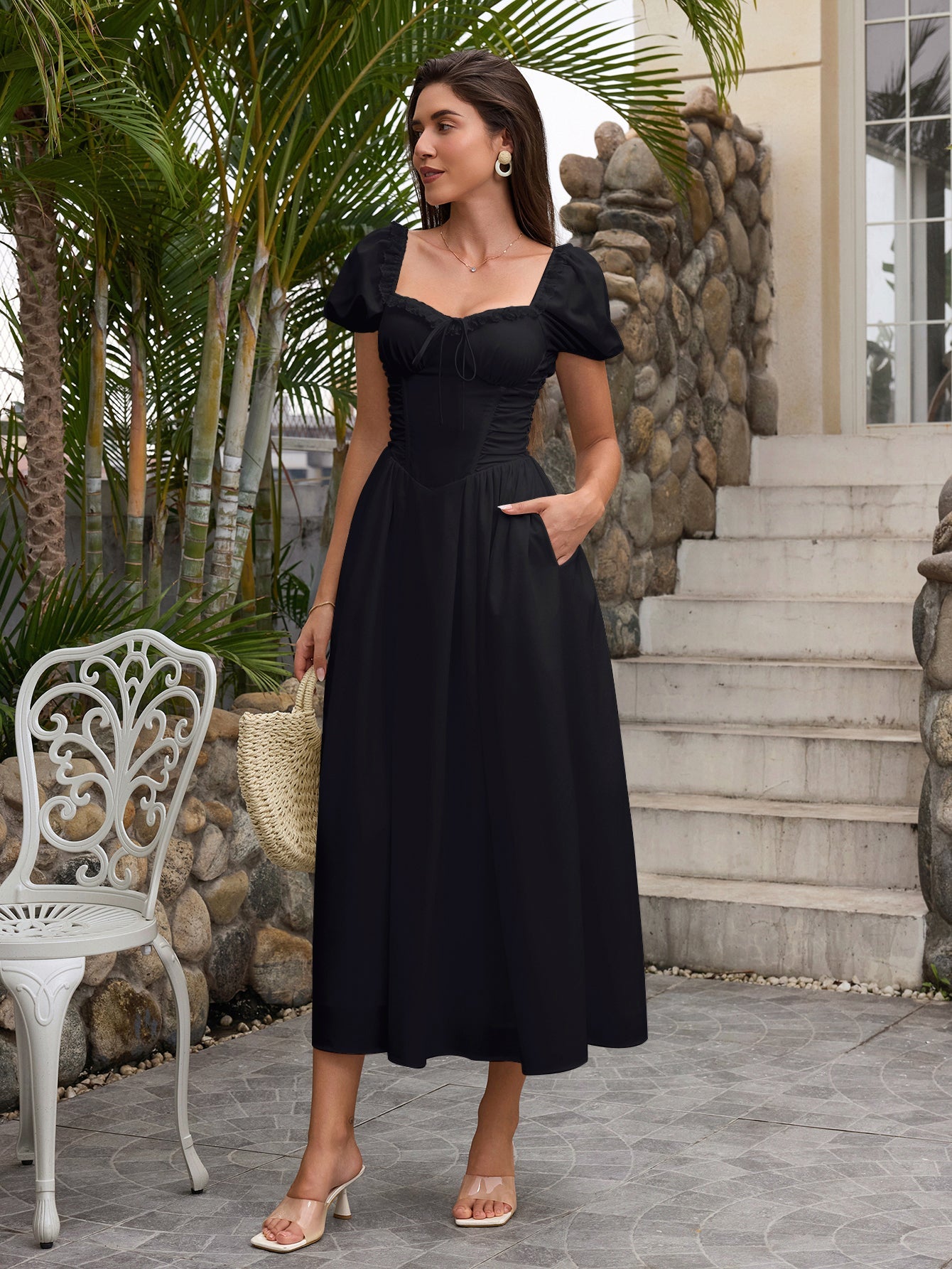 Puff Sleeve Lace Trim Ruched With Pockets Midi Dress
