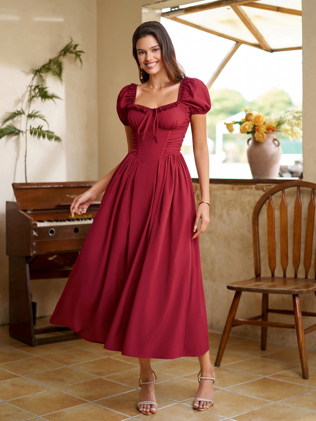 Puff Sleeve Lace Trim Ruched With Pockets Midi Dress