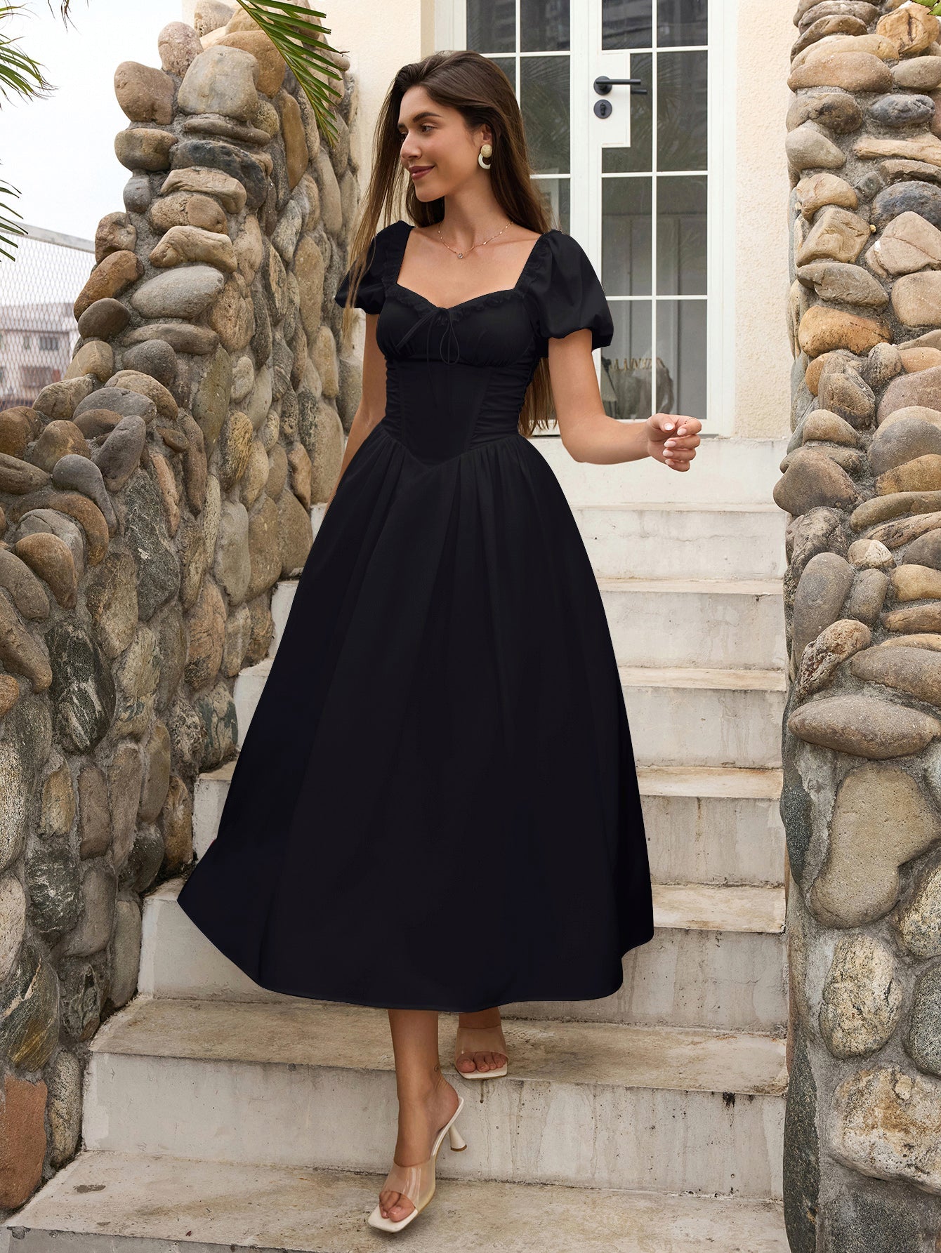 Puff Sleeve Lace Trim Ruched With Pockets Midi Dress