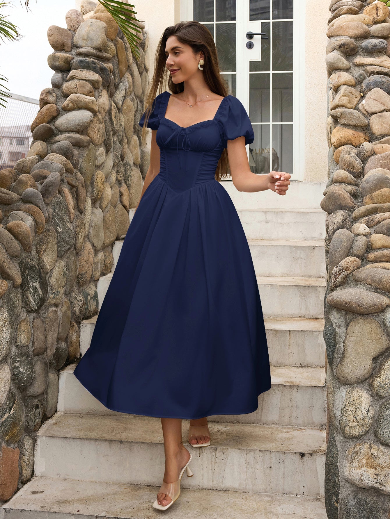 Puff Sleeve Lace Trim Ruched With Pockets Midi Dress